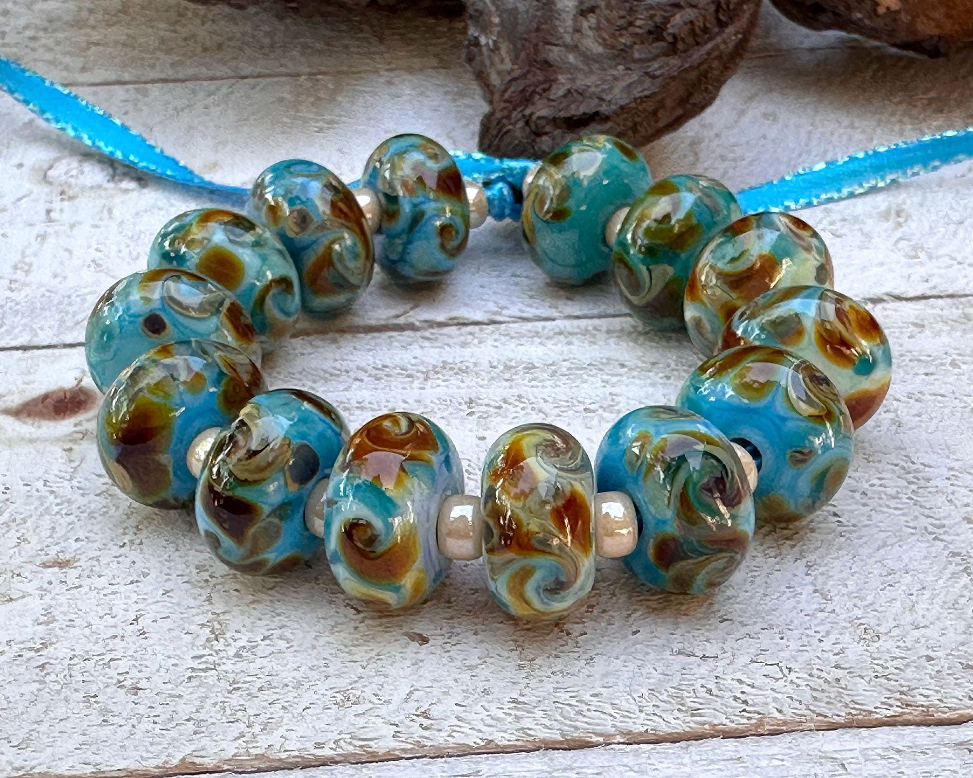 14pcs Turquoise Brown Swirls Glass Lampwork Beads for Jewelry Making - DIY Bracelet, Necklace, Earrings Craft Supplies - Boho Style Beading Projects