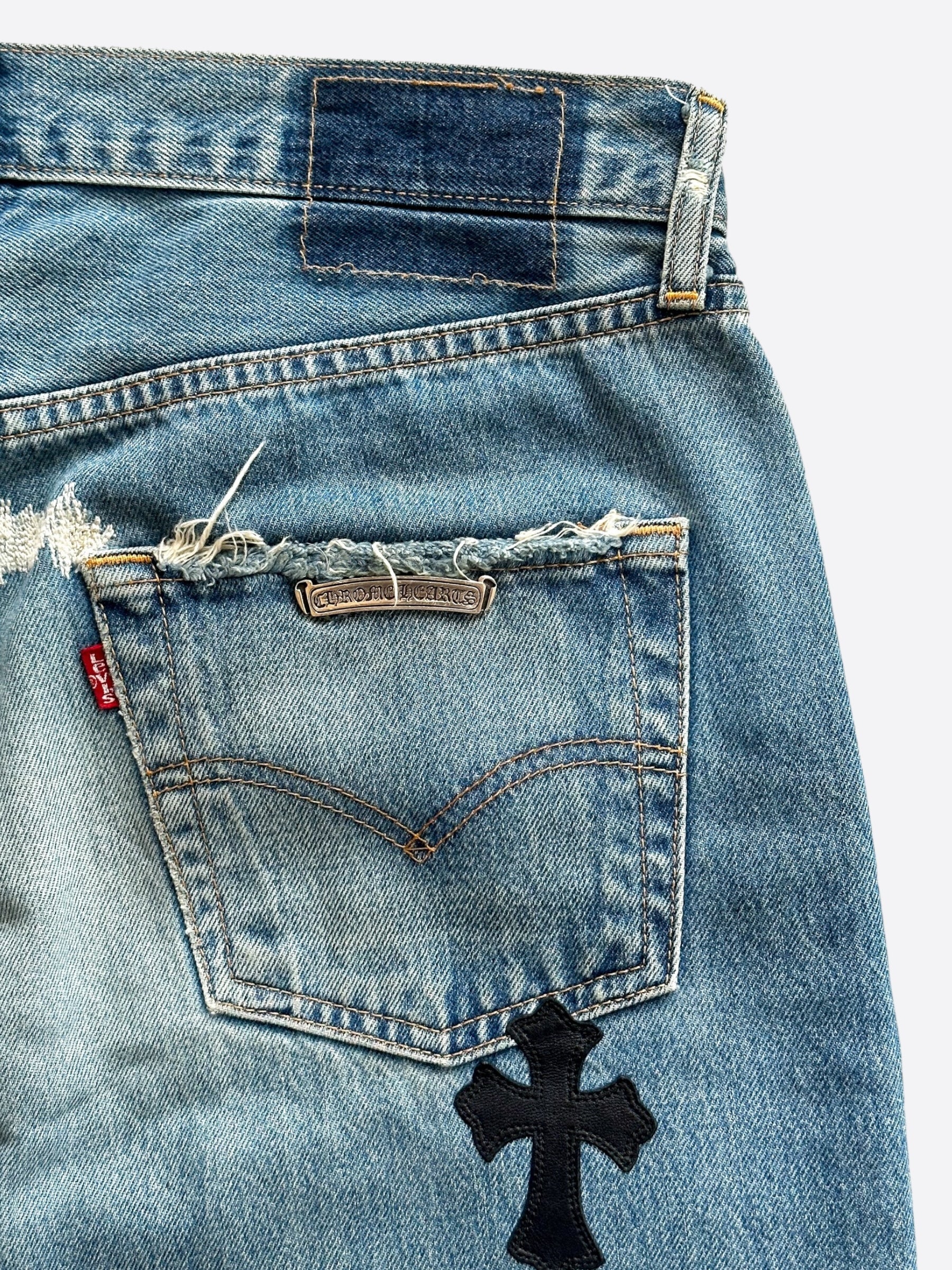 Chrome Hearts x Levi's Blue & Black Cross Patch Denim Jeans for Men - Stylish Vintage Streetwear for Casual Outfits and Night Out