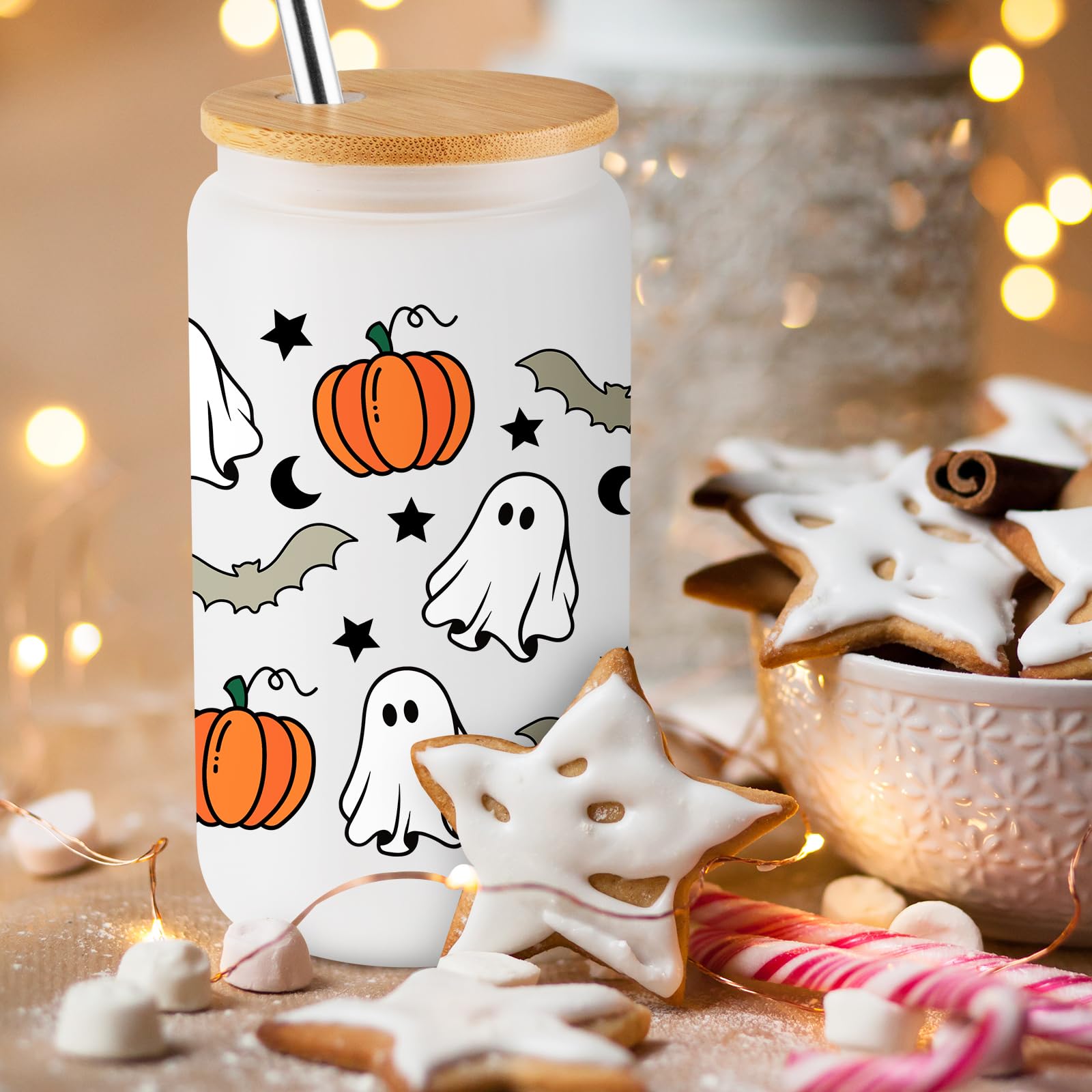 16oz Halloween Pumpkin Ghost Tumbler with Lid & Straw - Cute Spooky Glass Cup for Iced Coffee, Smoothies - Perfect Halloween Gift for Women, Kids, Teens, Adults - Great for Fall Parties, Trick-or-Treating & Seasonal Drinks