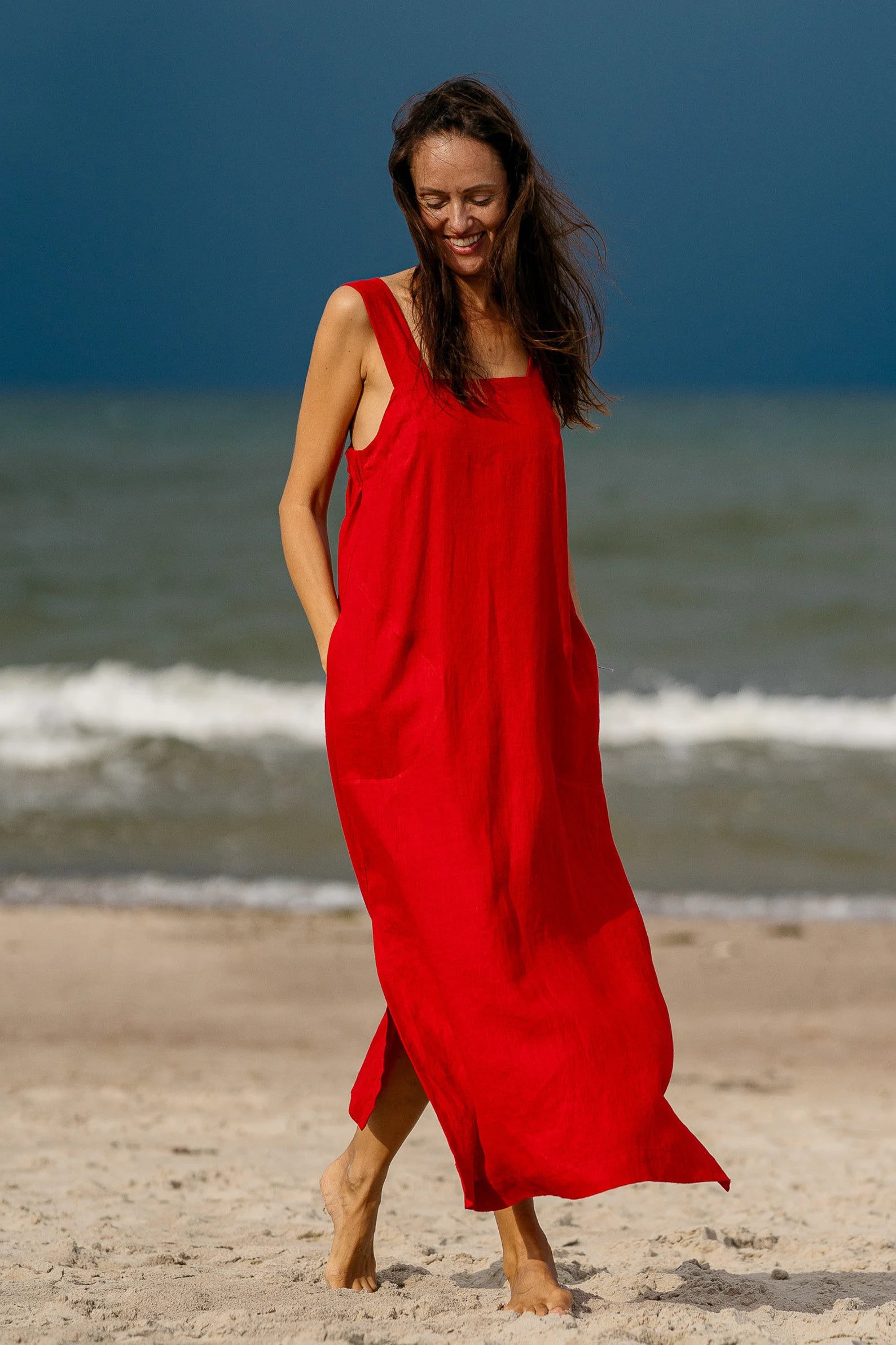 ADELE Linen Strap MAXI Dress in Red - Flowy Summer Dress for Beach, Vacation & Casual Outings