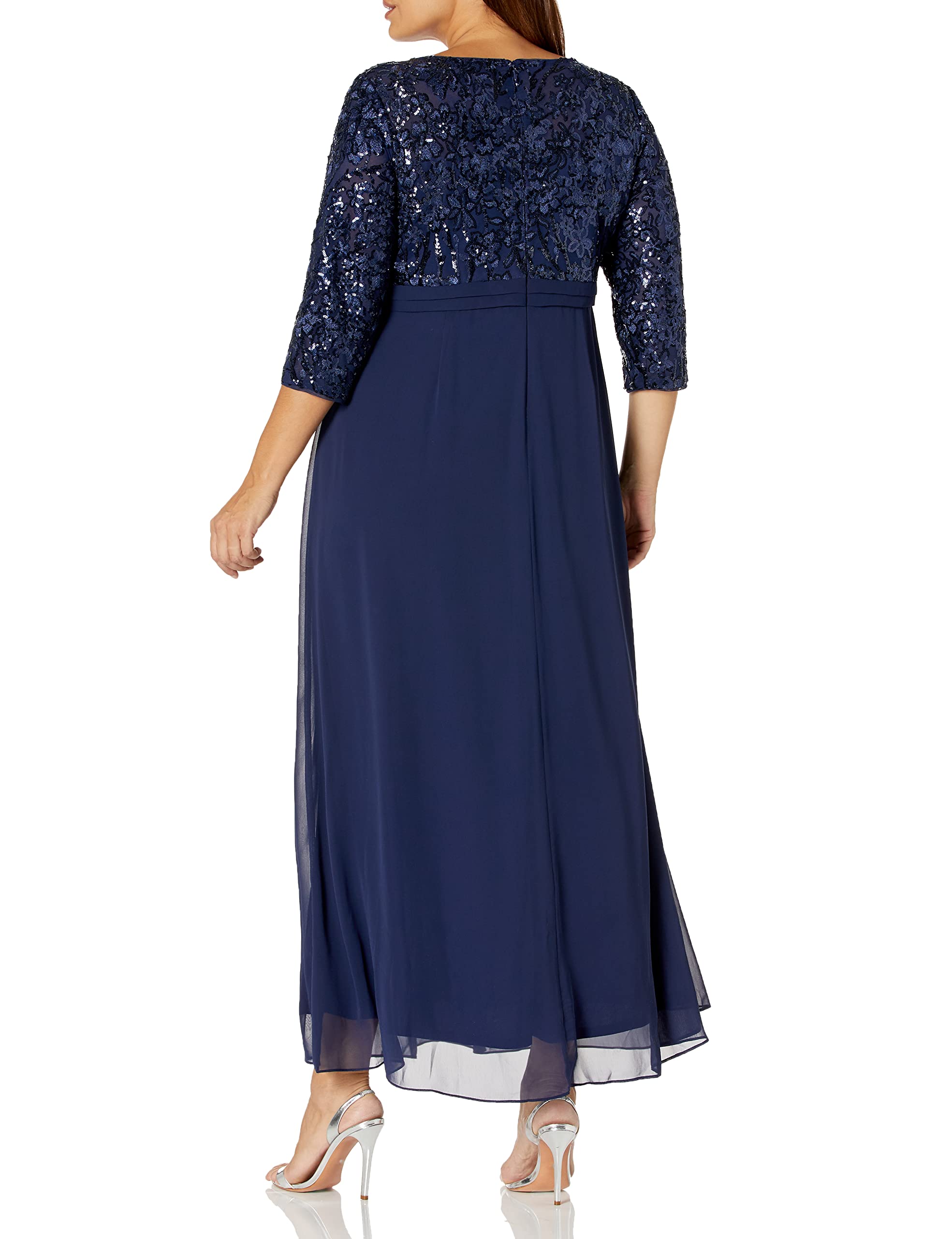 Alex Evenings Women's Plus Size 20W Navy Blue Long Lace Empire Waist Dress for Evening Parties, Weddings & Special Occasions