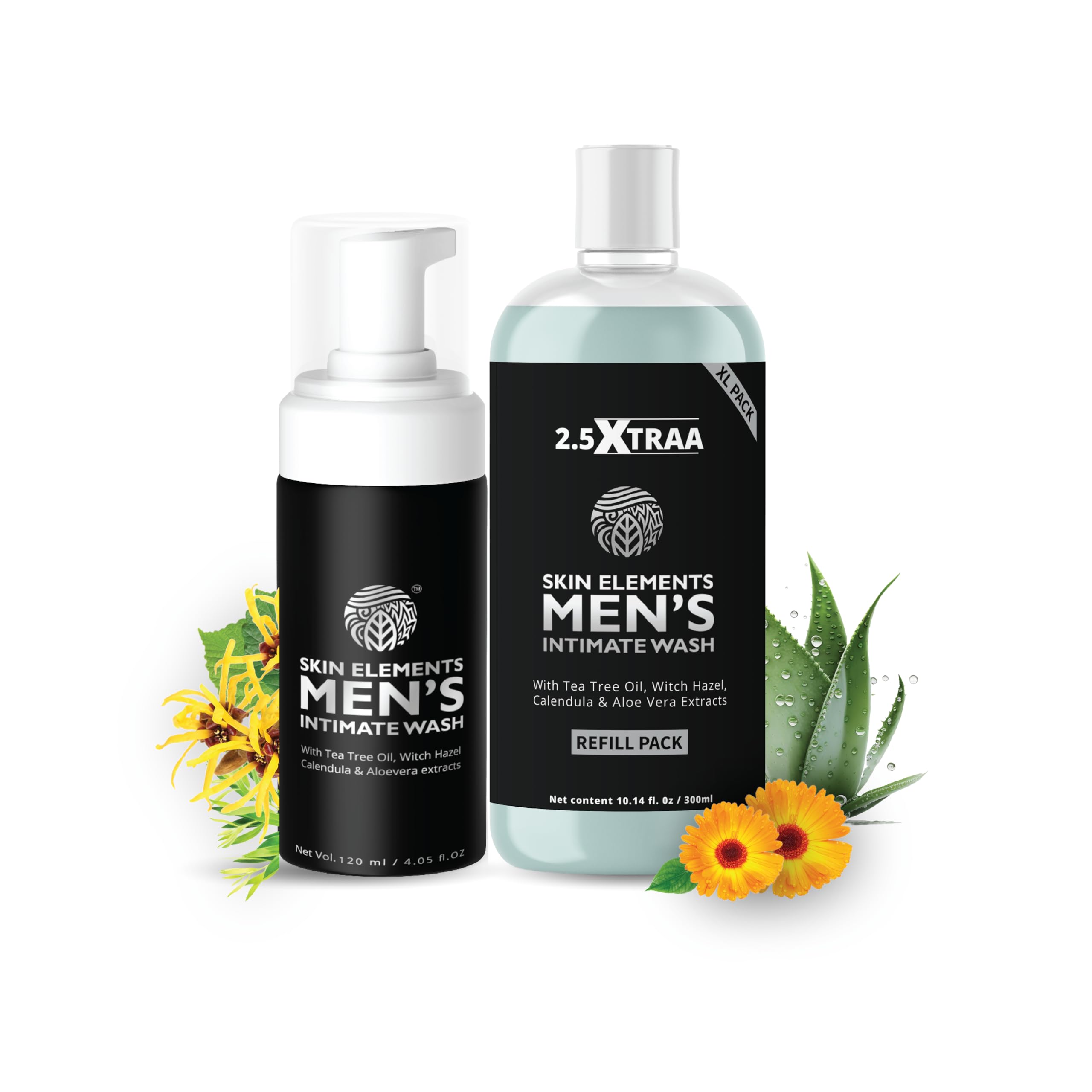 Skin Elements Men's Intimate Wash Jumbo Pack with Refill - 14.2 fl oz pH Balanced Foaming Wash for 180 Days | Tea Tree Oil Formula Prevents Odor | Gentle Genital Hygiene for Daily Use | Ideal for Gym, Travel & Active Lifestyles