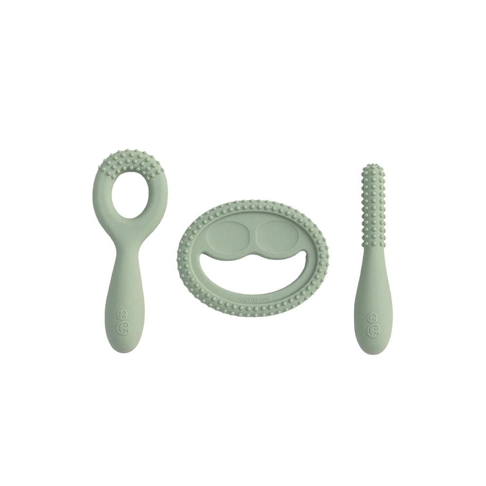 EzPz Oral Development Tools for Babies - 3 Pack Sage Green - Teething, Feeding & Sensory Play for Infants & Toddlers