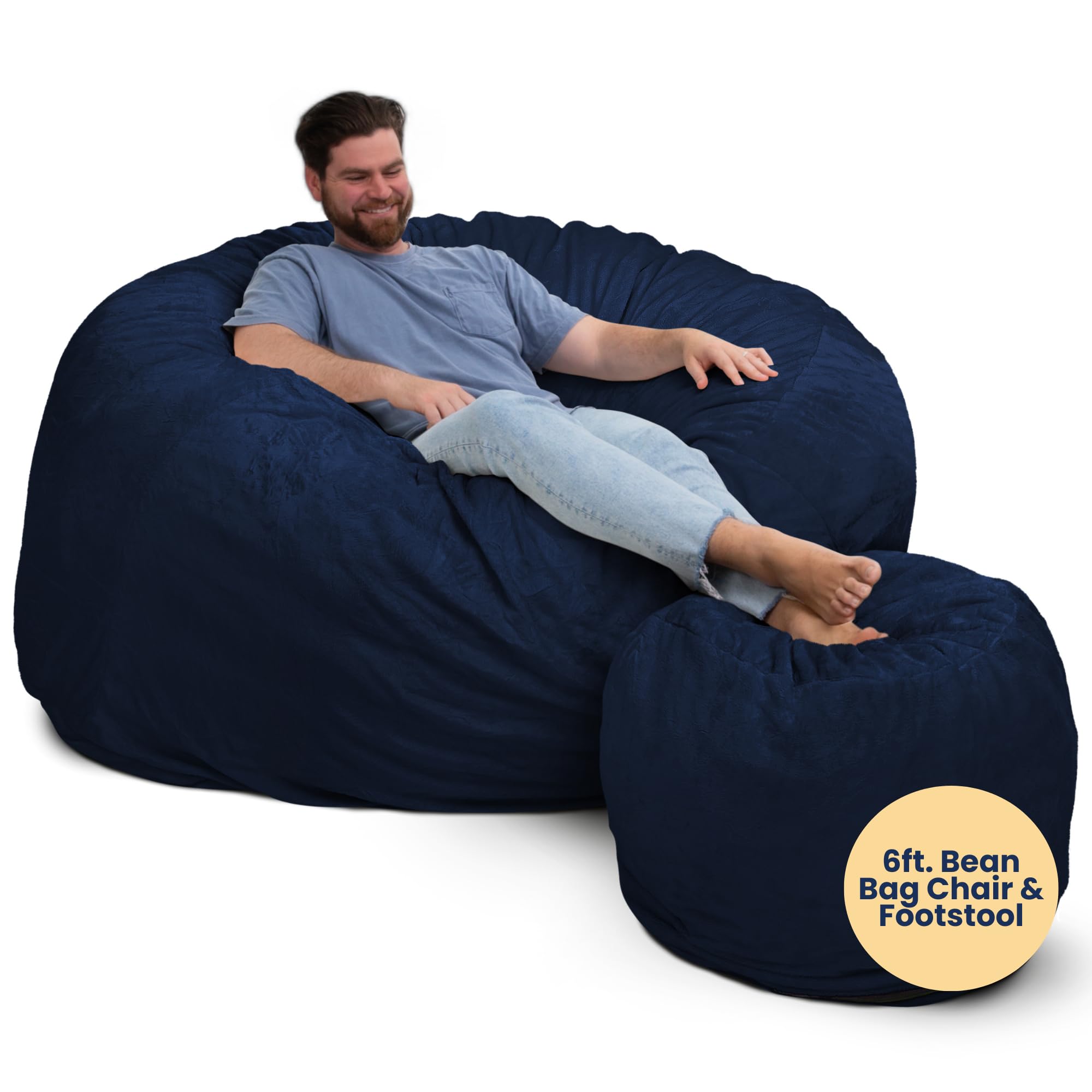 Ultimate Sack 6ft Oversized Bean Bag Chair with Footstool - Giant Comfortable Bean Bag Sofa for Adults, Lounge Chair & Loveseat - Navy Fur Fabric - Perfect for Living Room, Game Room & Dorm Relaxation