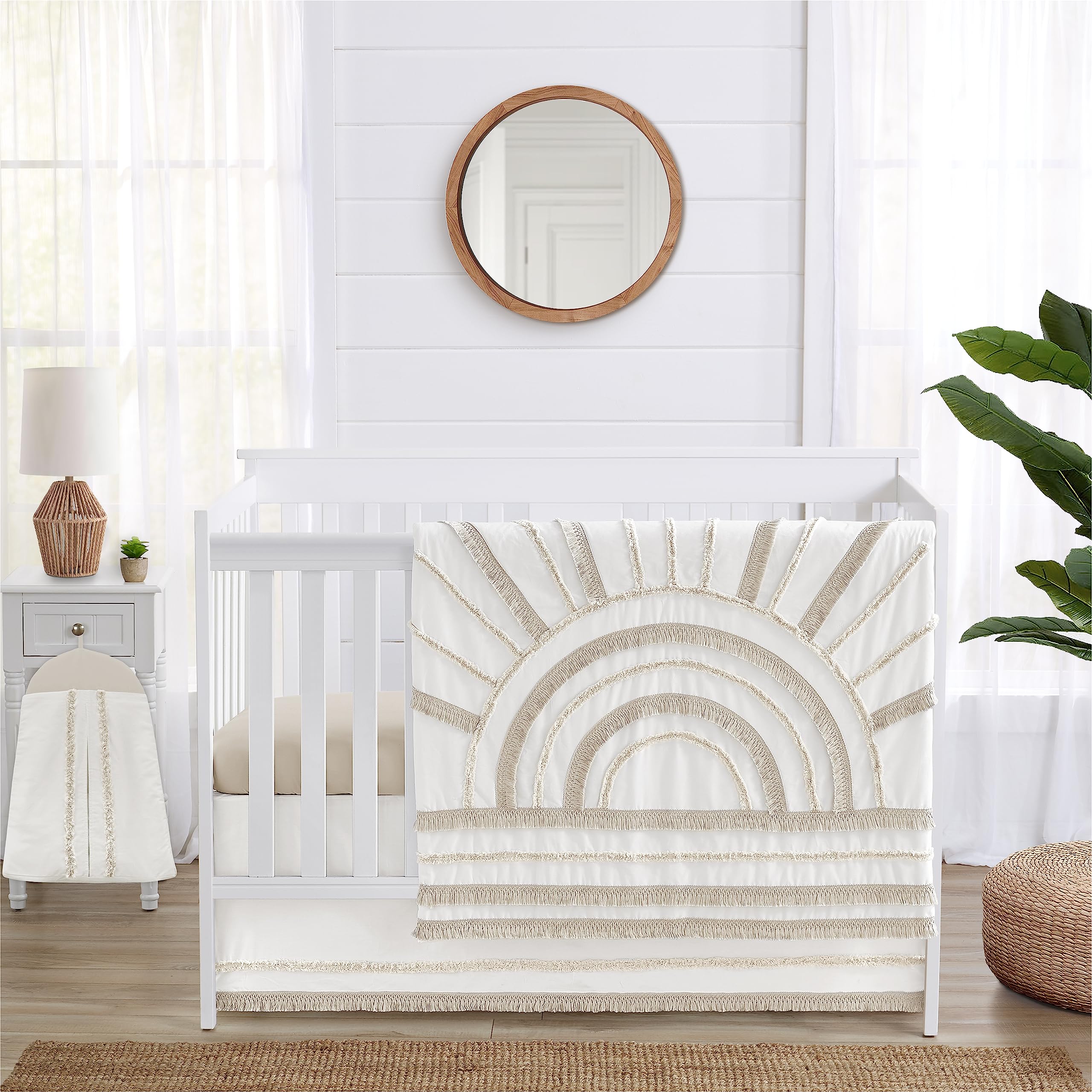 Sweet Jojo Designs 4-Piece Baby Crib Bedding Set - Boho Chic Sun Cotton for Boys & Girls, Neutral Nursery Set with Blanket, Fitted Sheet, Skirt & Diaper Stacker (Ivory, Modern Farmhouse) - Perfect for Newborns, Infants & Nursery Decor