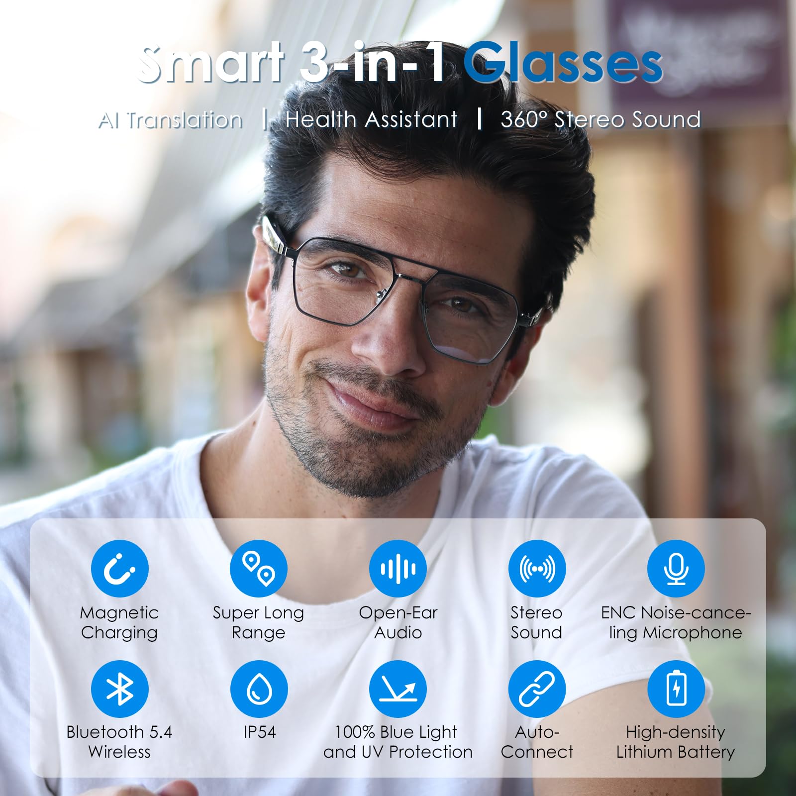 Smart Glasses with AI Language Translator & ChatGPT, Wireless Bluetooth, 11H Battery Life, Anti-Blue Light UV Protection, Voice Control with Built-in Mic & Speakers - Perfect for Travel, Business Meetings & Gaming
