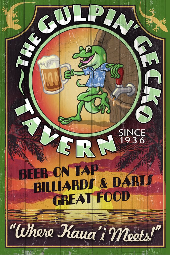 Vintage Gecko Tavern Sign Art Print - Hawaii Wall Decor Poster 24x36 (Signed Print Master) - Perfect for Tiki Bars, Beach House Decor & Hawaiian Theme Rooms