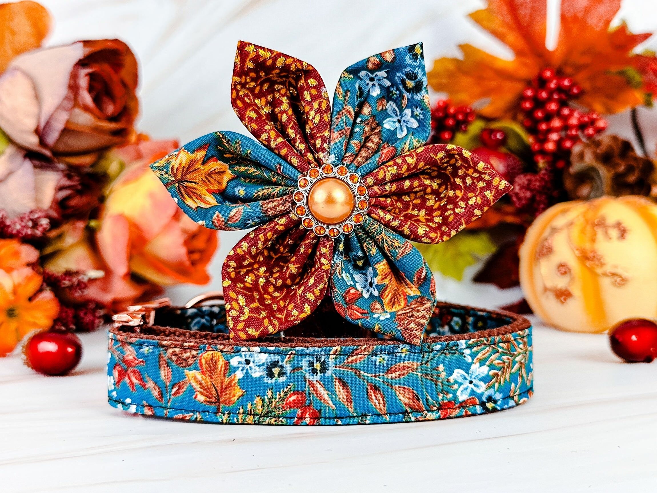 Stylish Autumn Floral Leaves Dog Harness Set with Brown Trim - Perfect for Fall Walks & Outdoor Adventures