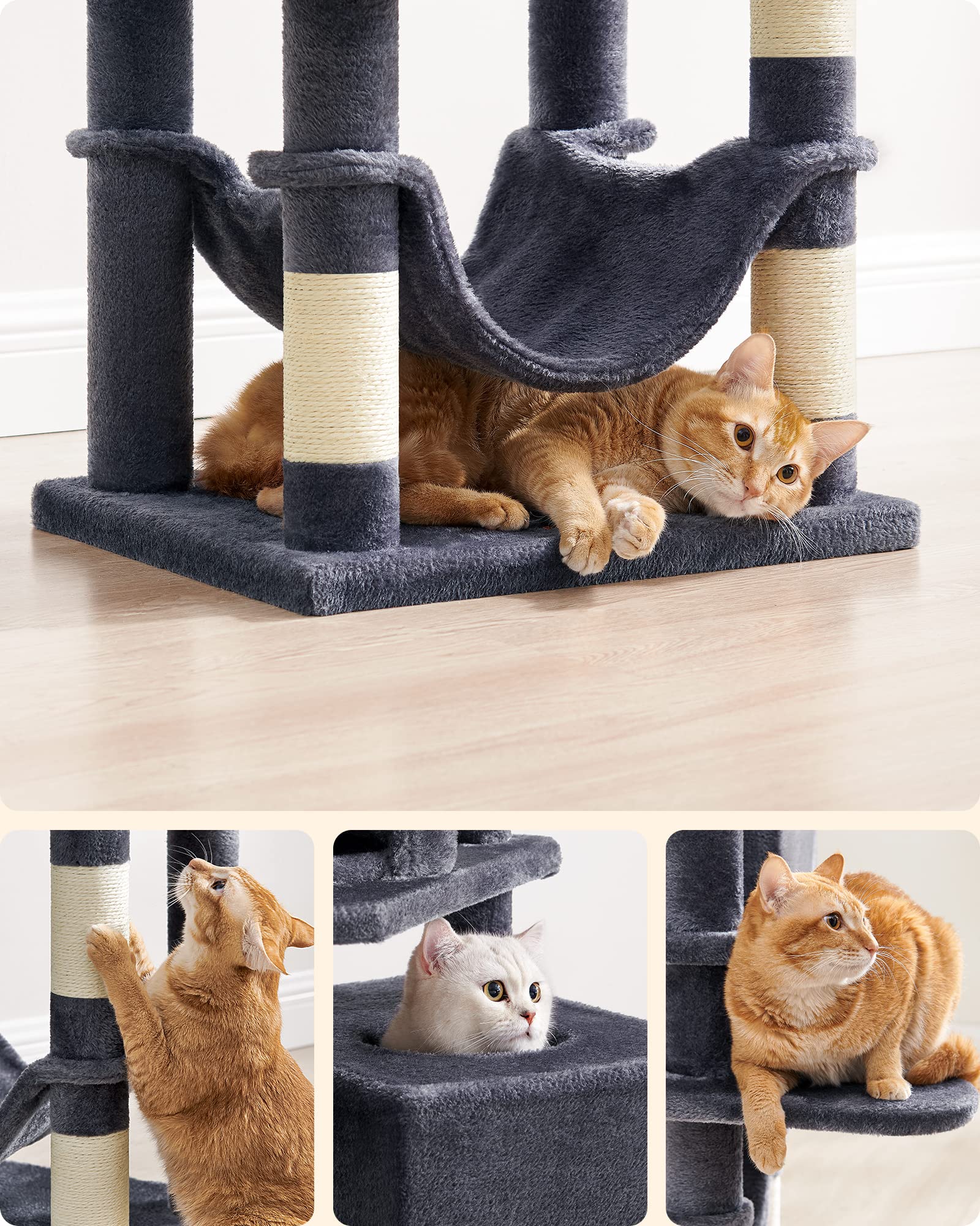 Feandrea 61-Inch Cat Tree for Indoor Cats - Multi-Level Cat Condo with 5 Scratching Posts, 2 Perches, Hammock & Toys - Durable Pet Furniture for Play & Rest (Smoky Gray) - Perfect for Small Spaces & Multi-Cat Homes