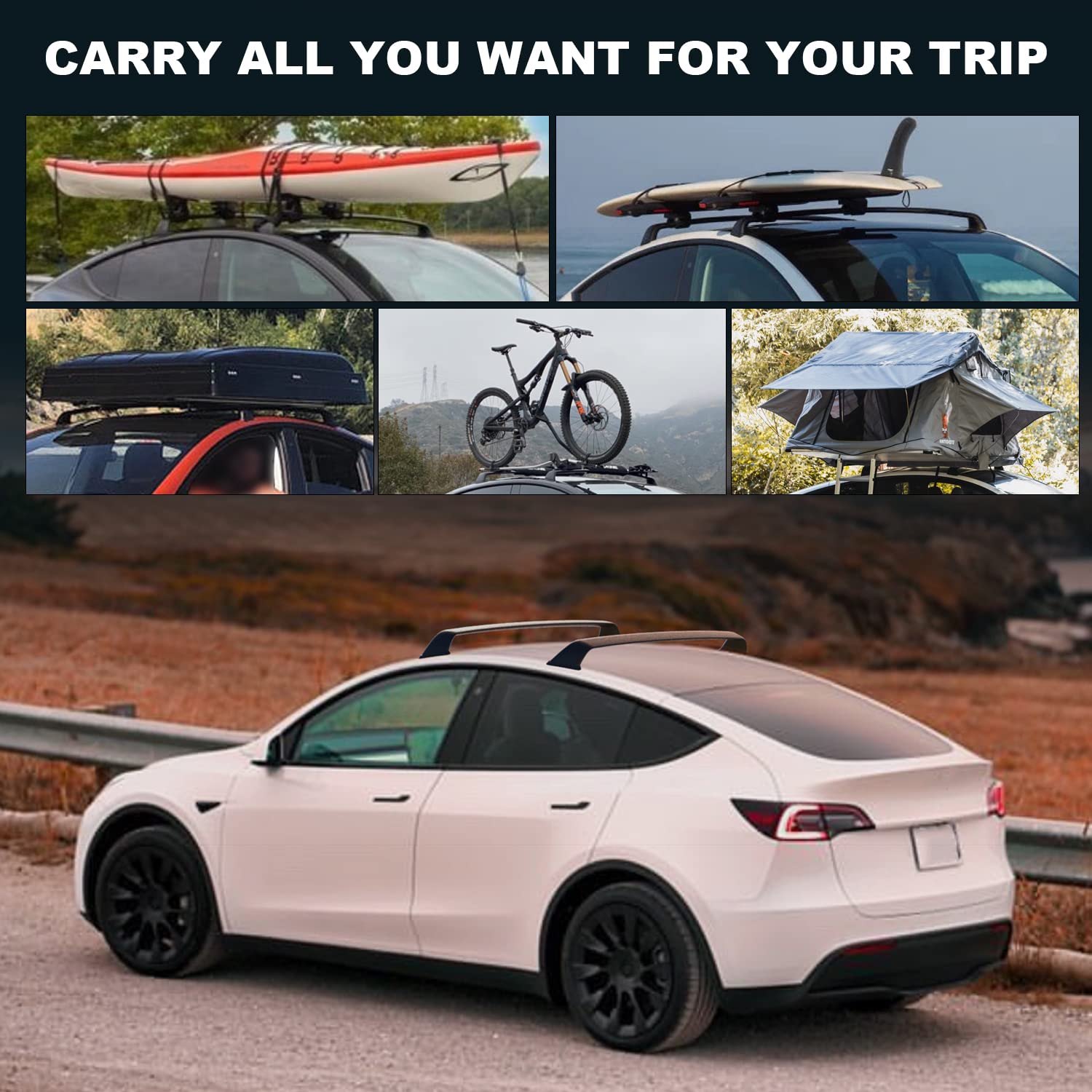 Lockable Cross Bar for Tesla Model Y Roof Rack - Cargo Carrier for Kayak, Bike & Canoe