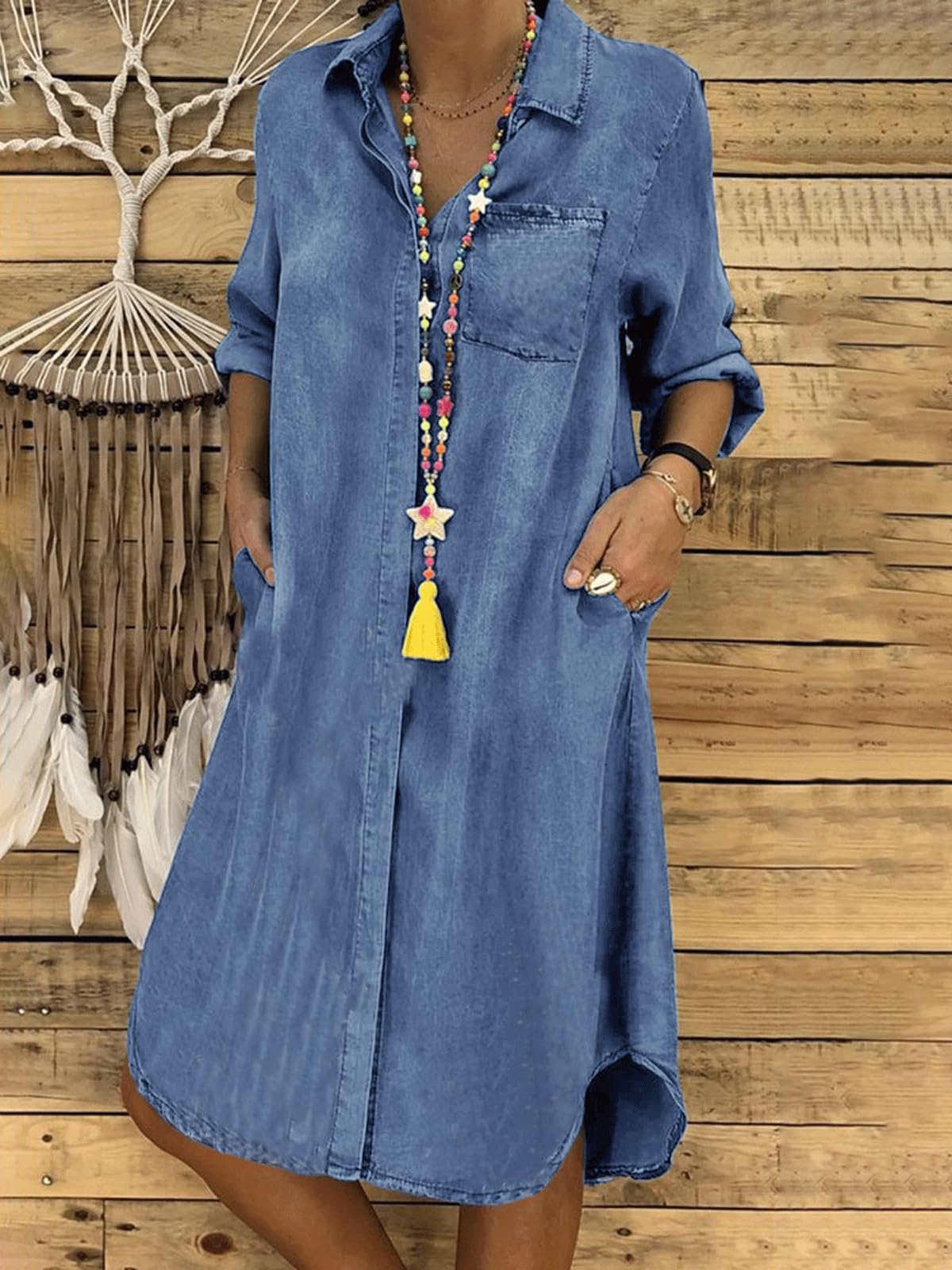 UTCoco Women's Vintage Denim Dress 2025 - Casual Loose Fit Long Sleeve Button Down Jean Shirt Dress with Pockets | Perfect for Everyday Wear, Office & Date Nights