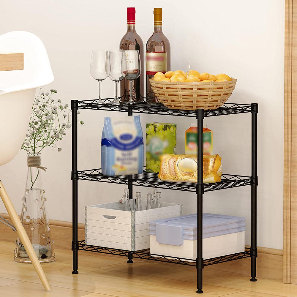 3-Tier Metal Wire Shelf Organizer - Kitchen & Bathroom Storage Rack - Carbon Steel Space-Saving Shelving Unit for Pantry, Spice, Toiletries & Home Organization - Black