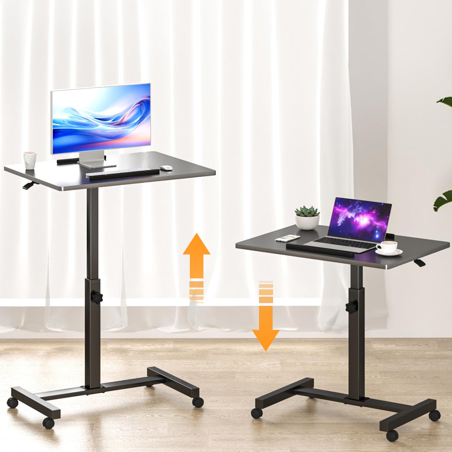 Adjustable Height Mobile Standing Desk with Wheels - Panta Pneumatic Rolling Laptop Desk for Home Office & Hospital Use, Portable Sit Stand Workstation for Couch, Bed or Small Spaces (Black) - Perfect for Remote Work, Studying & Healthcare Settings