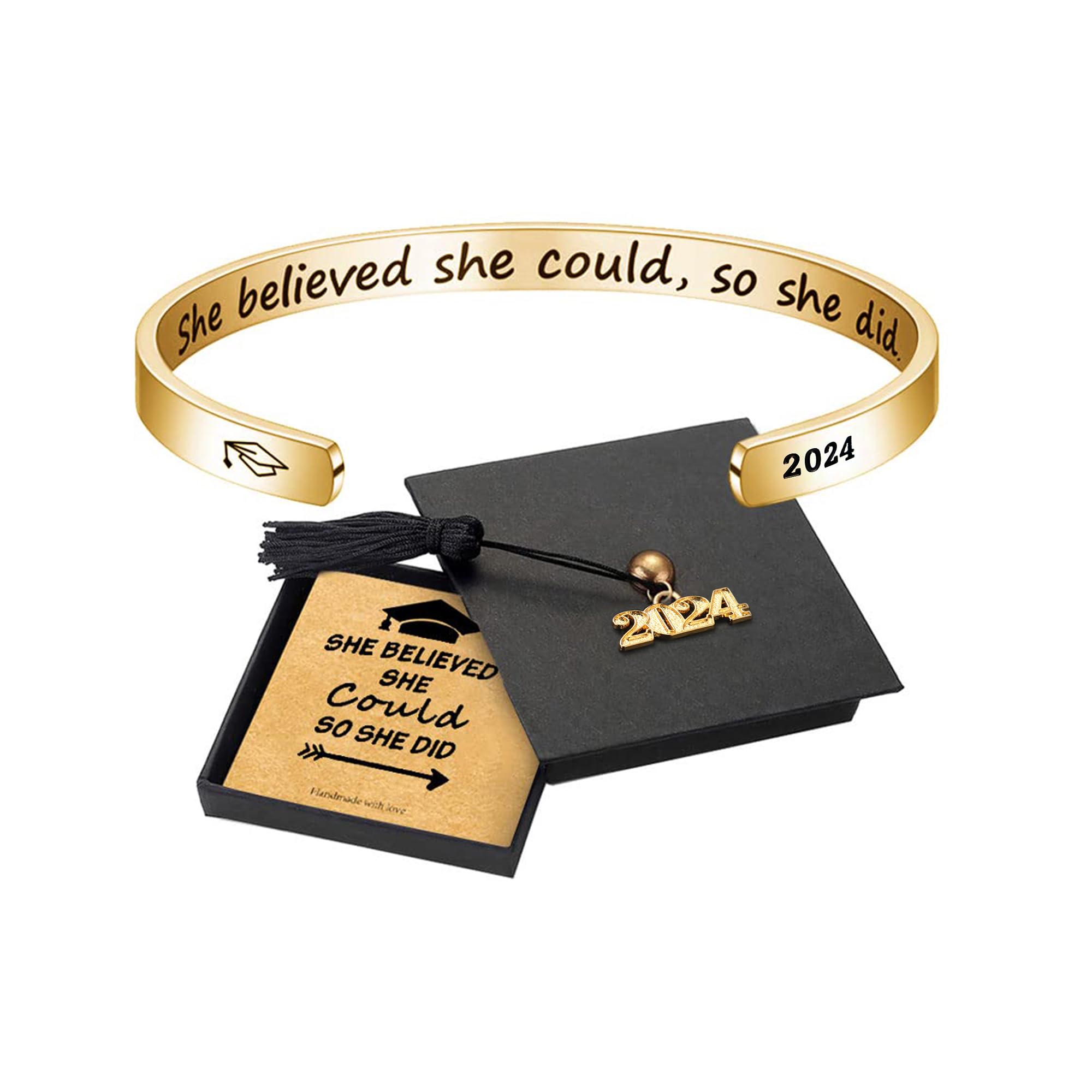 Inspirational Graduation Bracelets for Women - 'She Believed She Could So She Did' Motivational Cuff Bracelet - 2025 Graduation Gifts for Her - Perfect for Commencement Ceremonies, Graduation Parties & Daily Encouragement