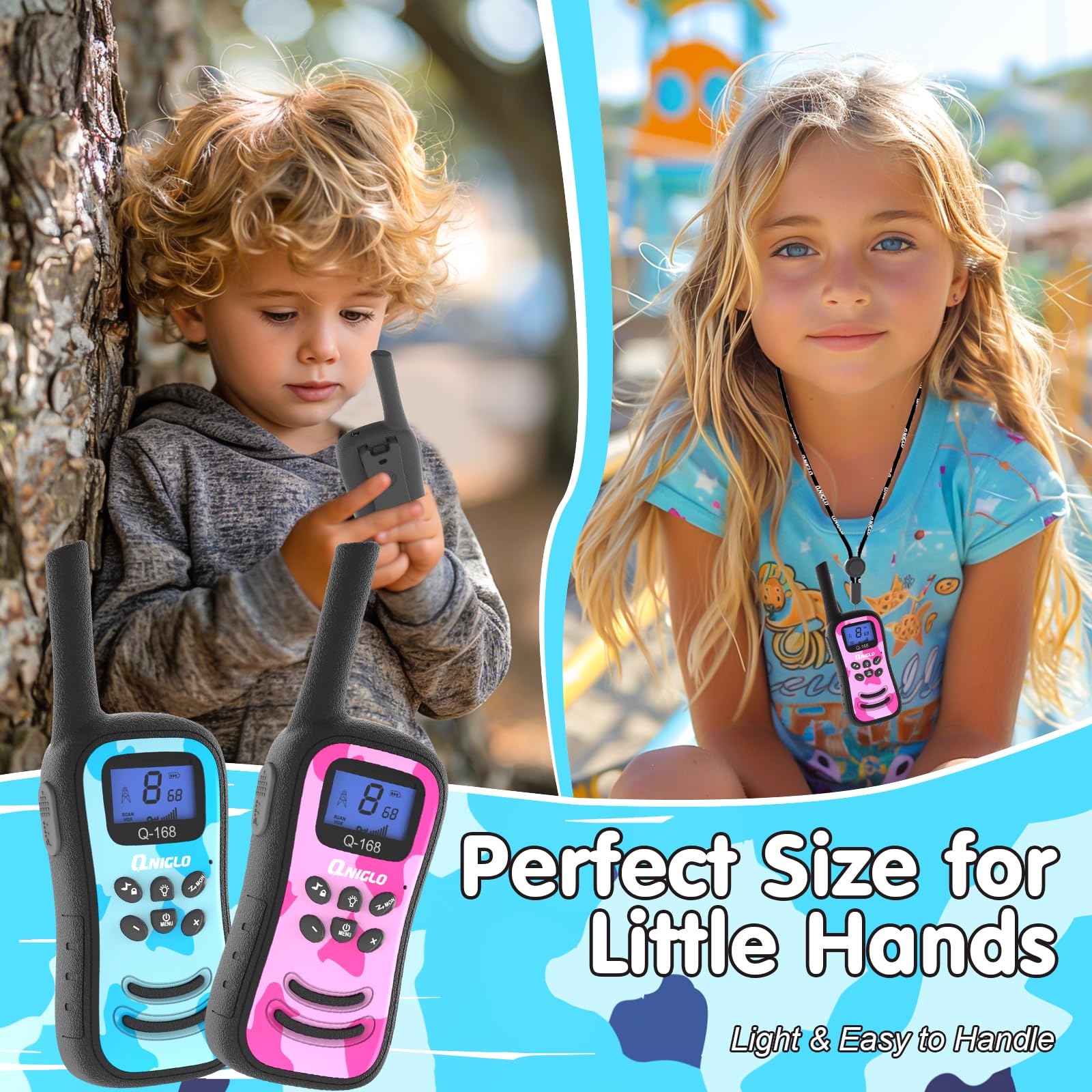 Qniglo Rechargeable Kids Walkie Talkies with 22 FRS Channels & VOX - Camo 2 Way Radios with LED Flashlight for Boys Girls | Perfect for Outdoor Camping, Hiking, Birthday Parties & Christmas Gifts