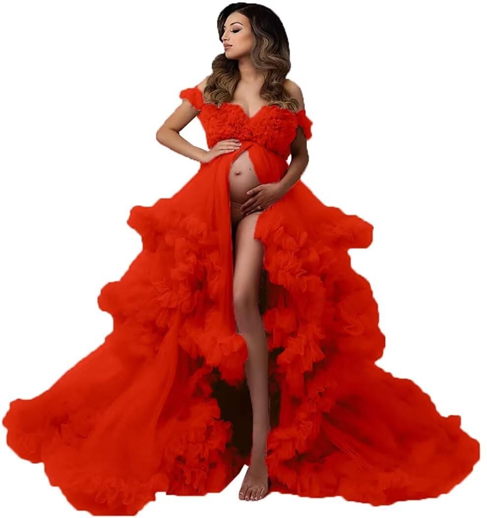 Elegant Wchecalino Tulle Maternity Dress - Long Puffy Bridal Robe for Photoshoots, Baby Showers & Wedding Lingerie | Perfect for Maternity Photos, Bridal Dressing Gowns & Special Occasions
