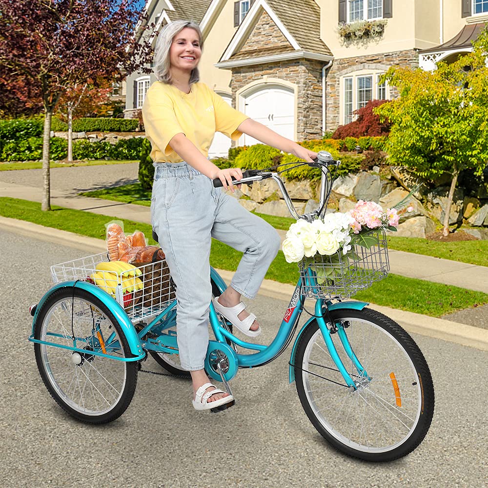 **PEXMOR 7-Speed Adult Tricycle, 24/26 Inch 3-Wheel Bike for Men & Women, Senior Cruiser Trike with Folding Front & Rear Basket - Perfect for Shopping, Recreation, Picnics & Outdoor Activities**