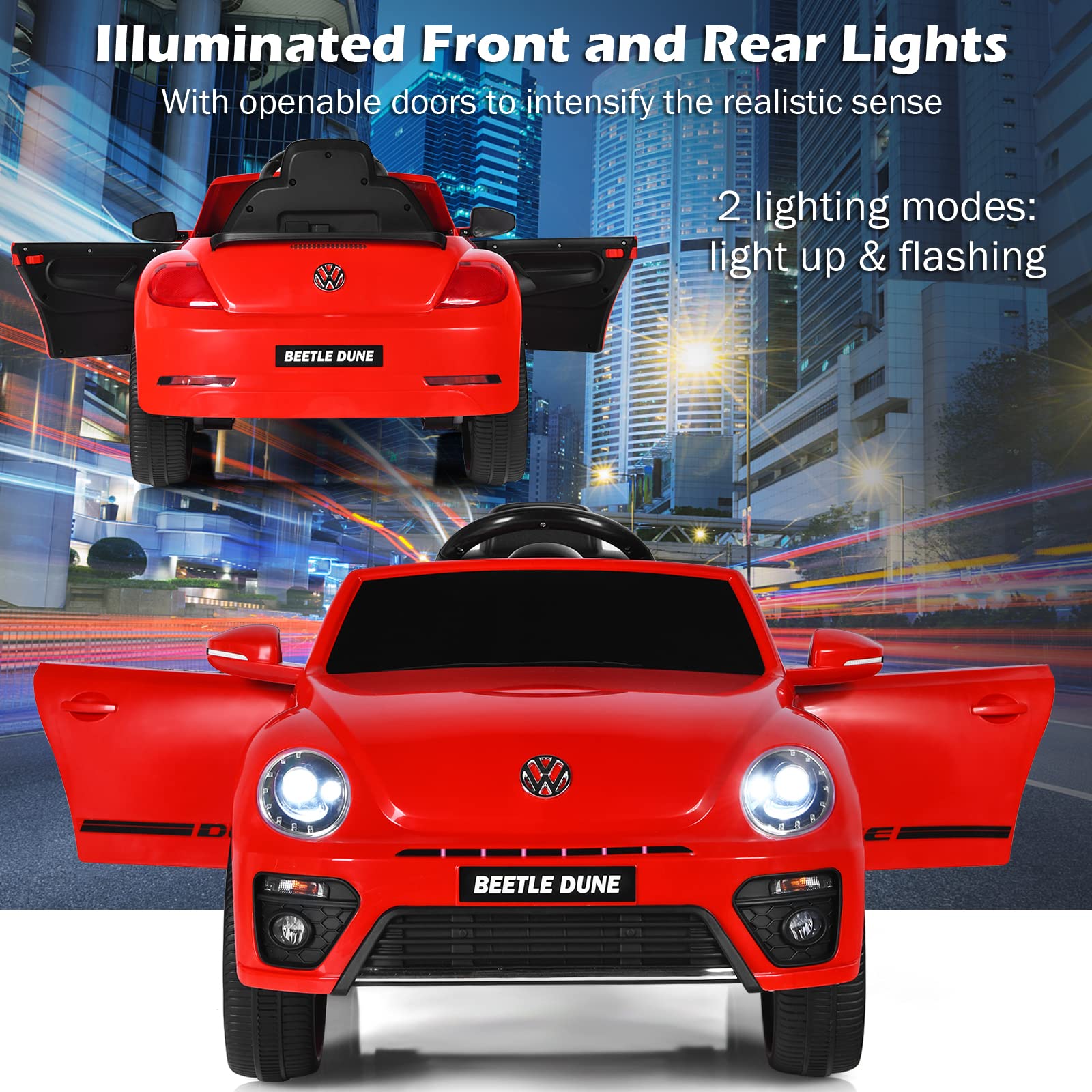 Costzon 12V Licensed Volkswagen Beetle Kids Ride-On Car with Remote Control - Electric Battery-Powered Vehicle for Boys & Girls, Spring Suspension, LED Lights, USB Port, Horn & Music - Perfect Birthday Gift & Outdoor Play Toy (Red)