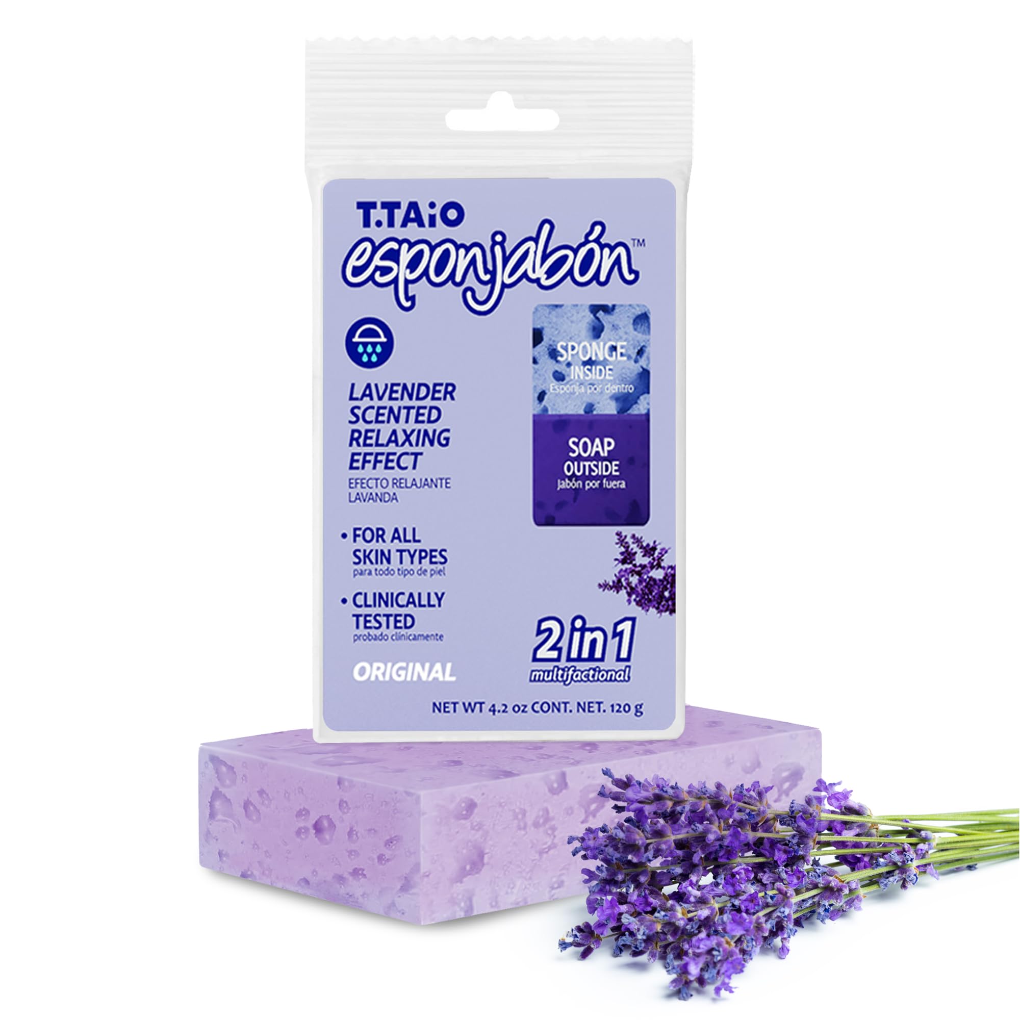T.Taio Exfoliating Soap Sponge - Deep Cleansing Shower Scrubber for Face, Body & Feet - Oil Removal & Dead Skin Exfoliation - Lavender Scented Bath Accessories - Perfect for Spa Day, Dry Skin Care & Relaxing Shower Routine