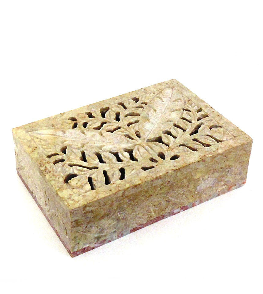 Hand-Carved Soapstone Jewelry Box with Foliate Design - Perfect for Storing Rings, Necklaces & Keepsakes | Home Decor & Gift Idea