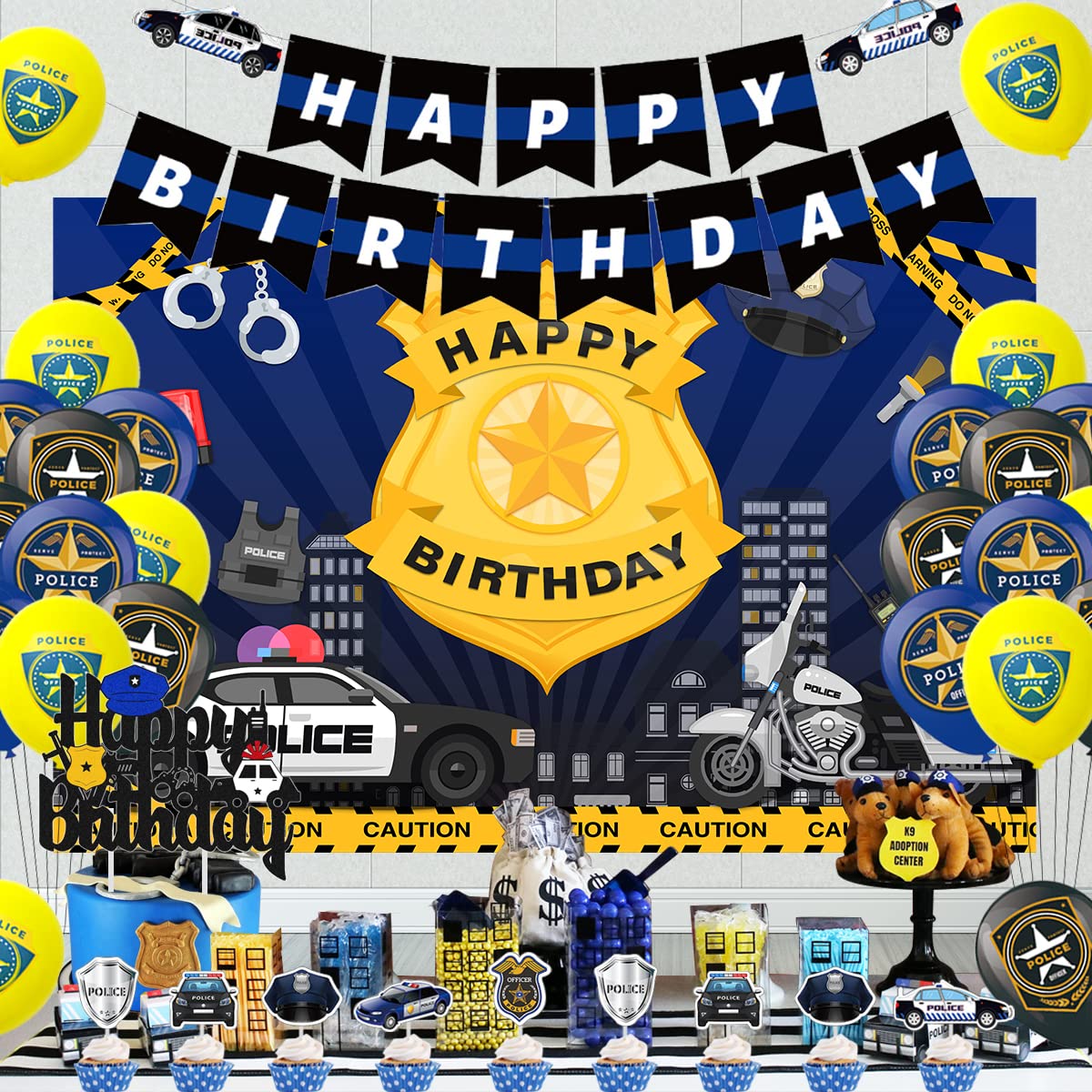 Police Birthday Party Decorations Set - Themed Balloons, Happy Birthday Banner, Backdrop & Cake Topper for Kids | Perfect for Police-Themed Birthday Celebrations & Special Events