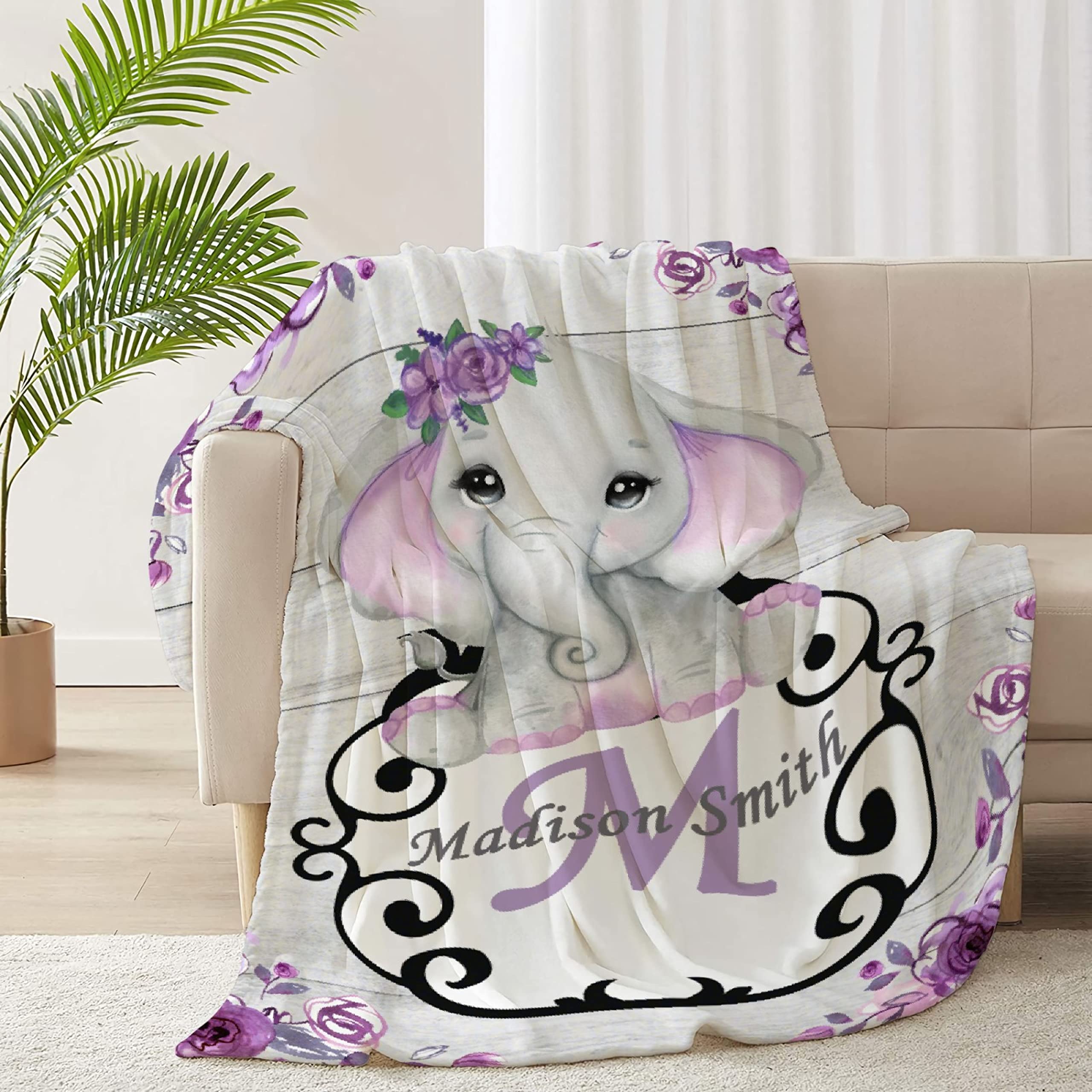 Personalized Custom Baby Blanket with Name - Purple Floral Elephant Fleece Blanket for Girls & Boys | Soft 120