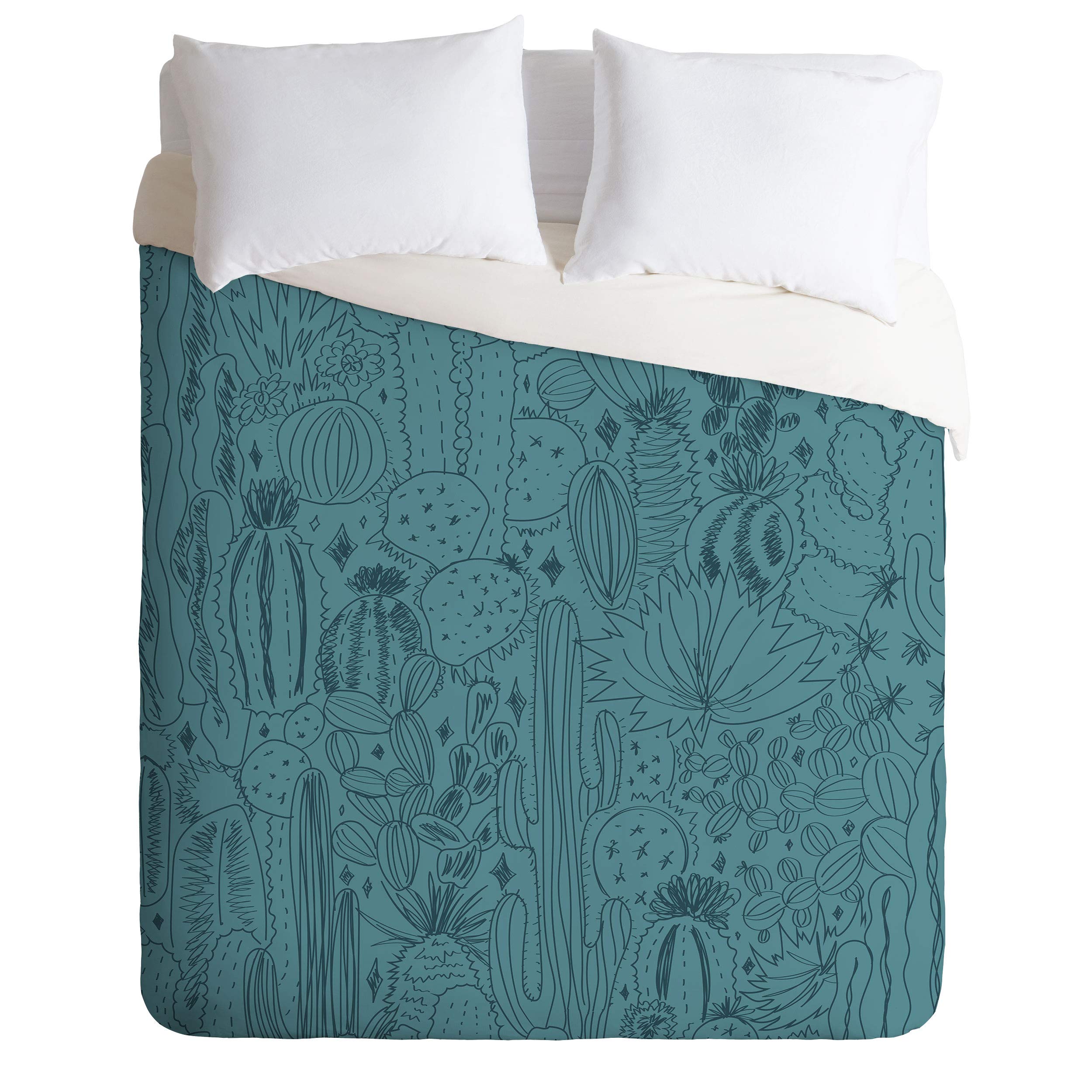 Meg Cactus Blue Duvet Cover Set with Pillow Shams - Queen Size for Bedroom Decor