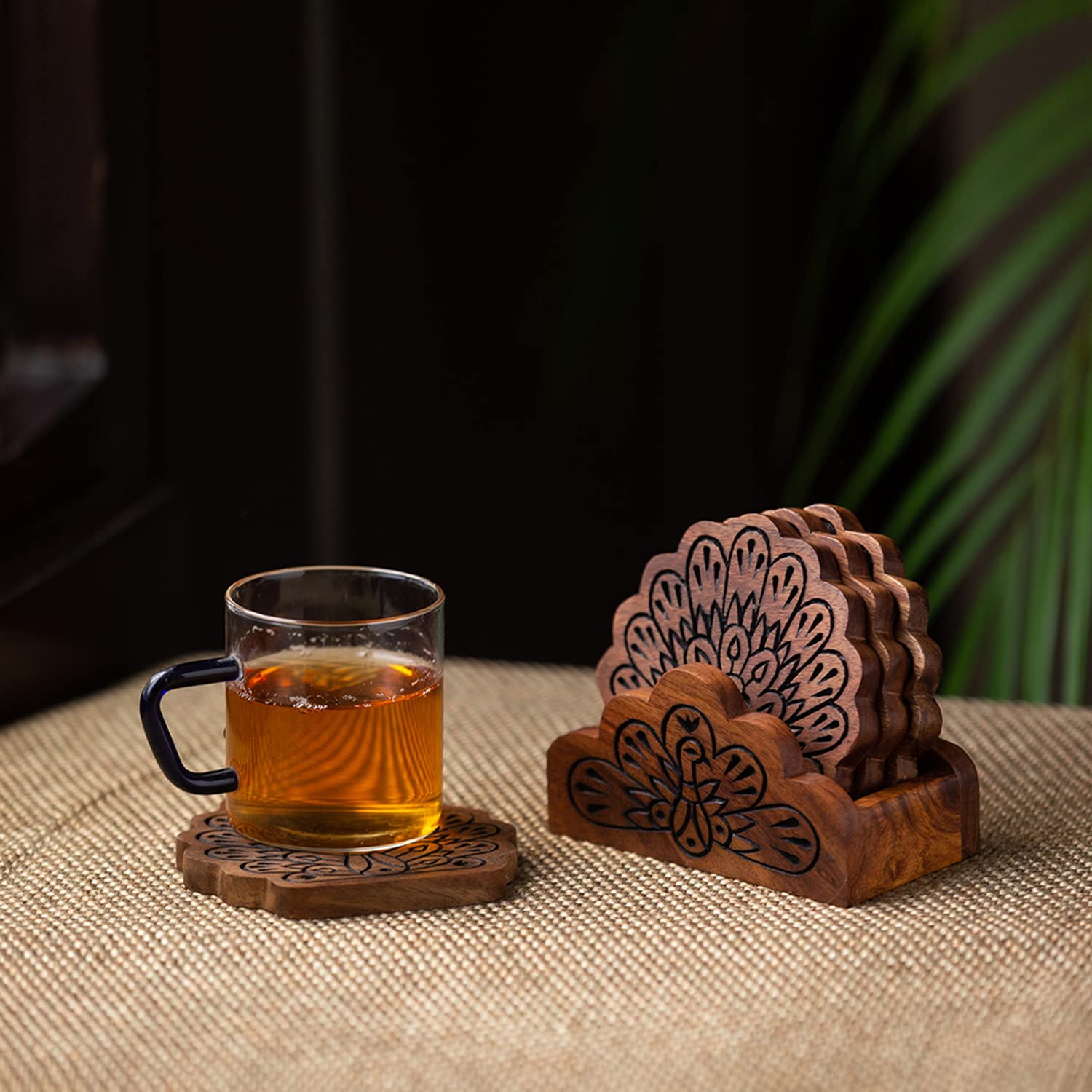 Hand Carved Sheesham Wood Coasters Set of 4 with Holder - 'The Dancing Peacock' Design for Coffee & Tea Cups - Elegant Dining Table Accessories for Home Decor | Perfect for Parties, Office Use & Gift Giving