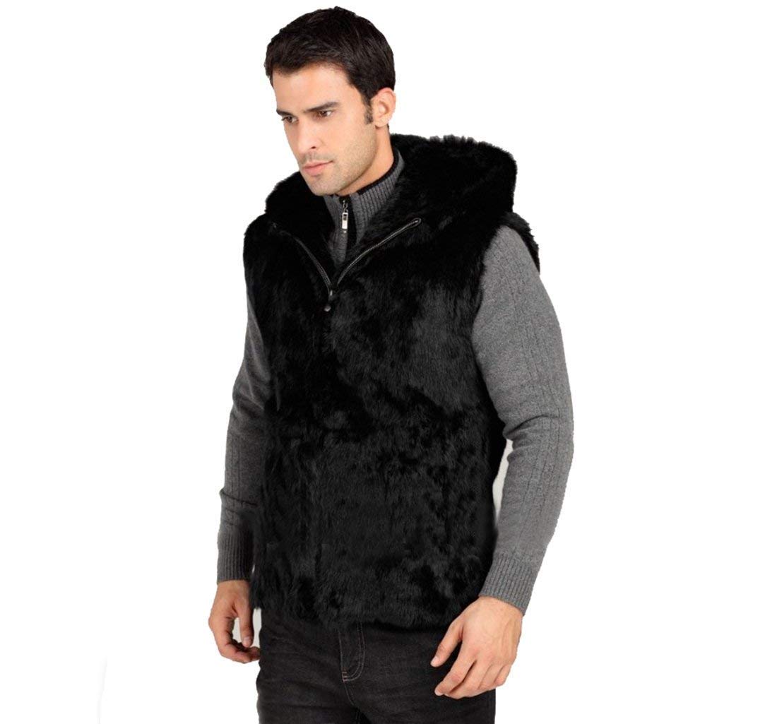 Genuine Rabbit Fur Men's Black Hooded Vest with Matching Fur Hat - Winter Fashion Coat for Men, Gifts for Him - Perfect for Outdoor Activities, Cold Weather & Stylish Layering