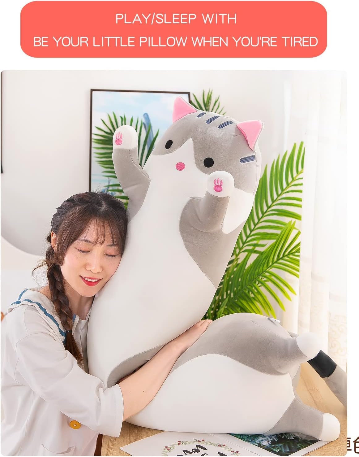 Soft Long Cat Plush Pillow - Grey Cotton Stuffed Animal Body Pillow (50CM) for Kids & Adults | Perfect for Sleeping, Cuddling, and Home Decor Gift for Girlfriend