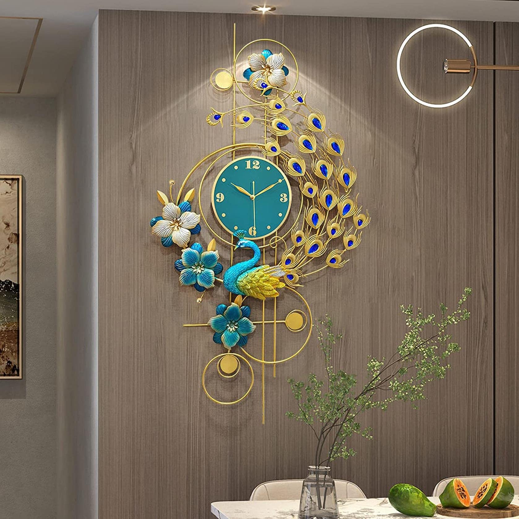 Large Peacock Wall Clock - Elegant Gold Decor for Living Room & Bedroom - Silent Battery Operated Crystal Wall Clock - Perfect for Home, Kitchen & Office Decor
