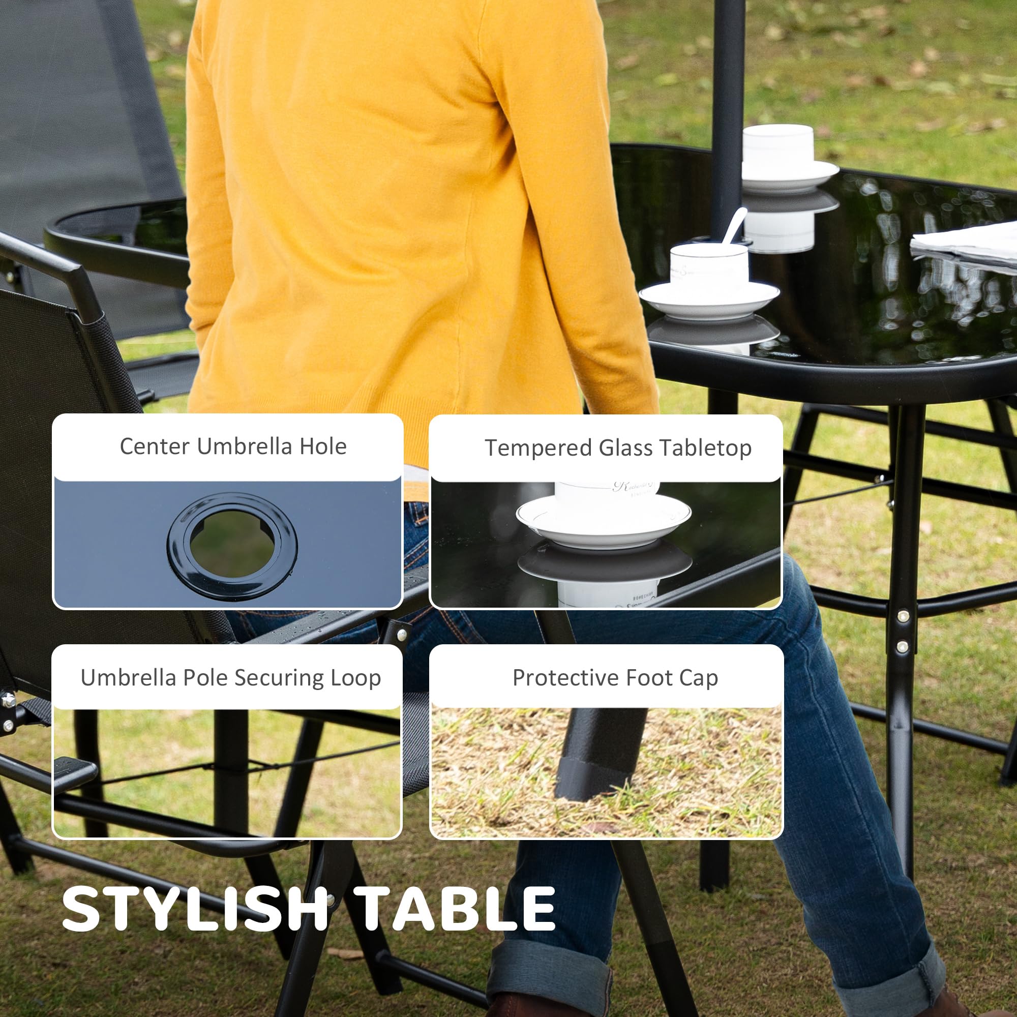 Outsunny 8-Piece Black Patio Dining Set with Rectangle Table, 6 Folding Chairs & Umbrella | Outdoor Furniture for Garden, Backyard & Poolside Dining