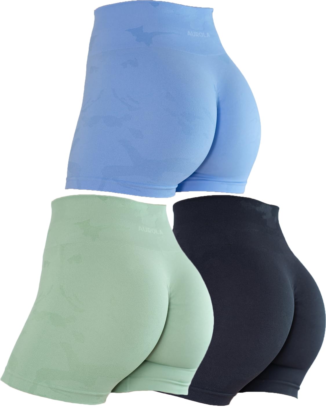AUROLA Women's Camo Workout Shorts - Seamless High Waist Scrunch Shorts with Subtle Logo for Yoga, Running & Gym