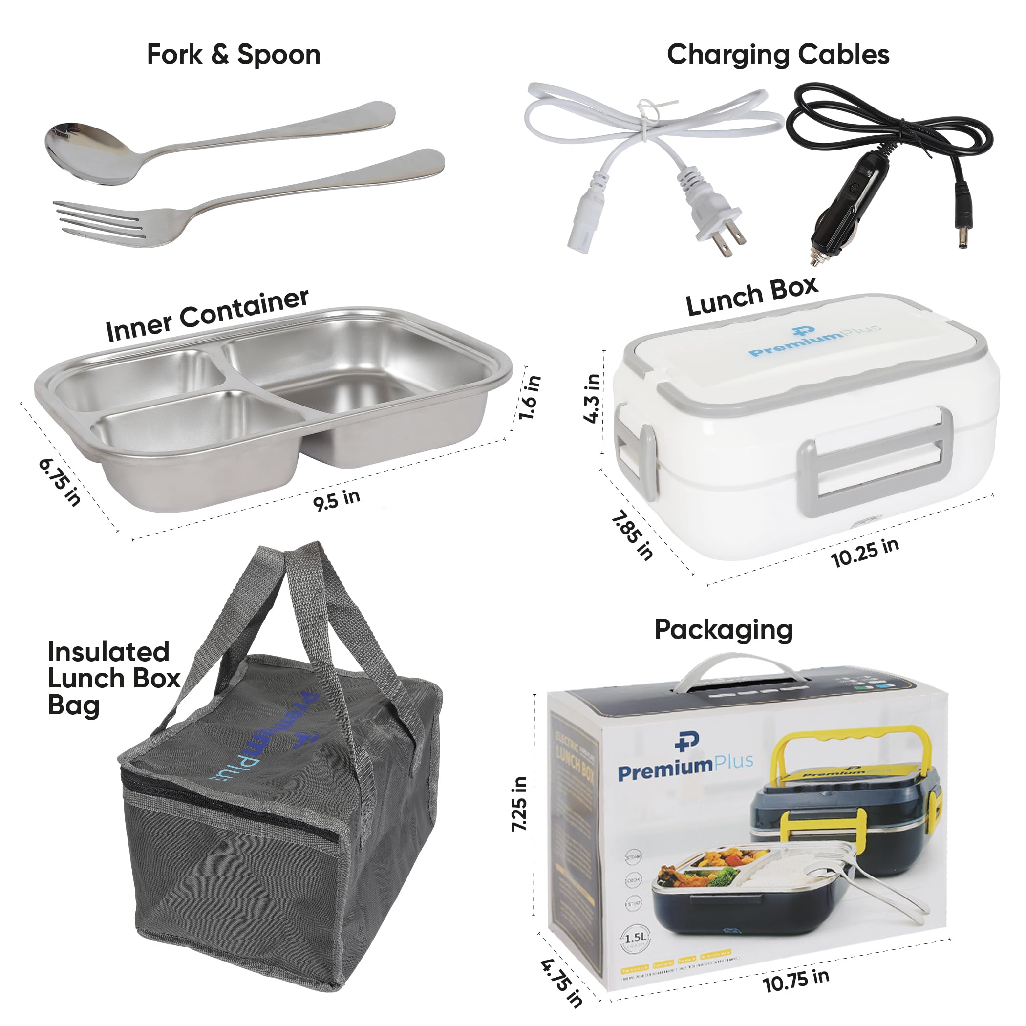 PremiumPlus Electric Lunch Box Food Warmer - Portable 1.5L Crockpot for Work, Car & Truck - 60W 12V/24V/110V Heater with Carrying Bag, Fork & Spoon - White - Perfect for Office Lunch, Commuting & Road Trips