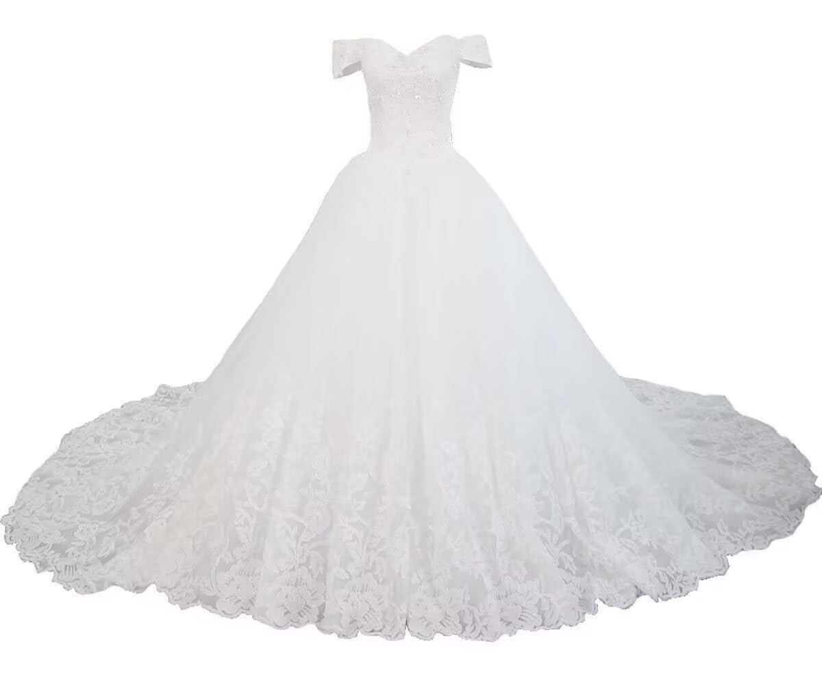 XYAYE Off Shoulder Lace Tulle Wedding Dress for Bride - Puffy Ball Gown with Long Train | Perfect for Church Ceremony, Beach Wedding & Formal Reception