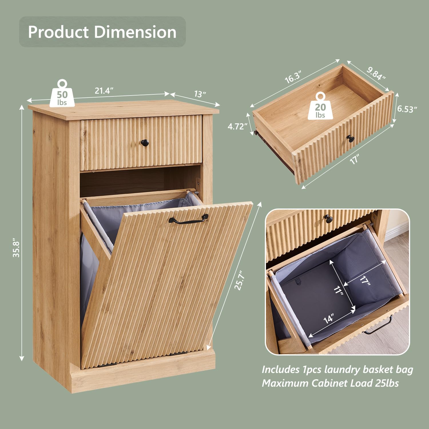 Modern Tilt-Out Trash Can Cabinet 10 Gallon - Wooden Hidden Garbage Bin with Fluted Laundry Hamper & Storage Drawers - Freestanding Kitchen & Living Room Organizer - Natural Oak Finish - Perfect for Small Spaces, Apartments & Home Organization