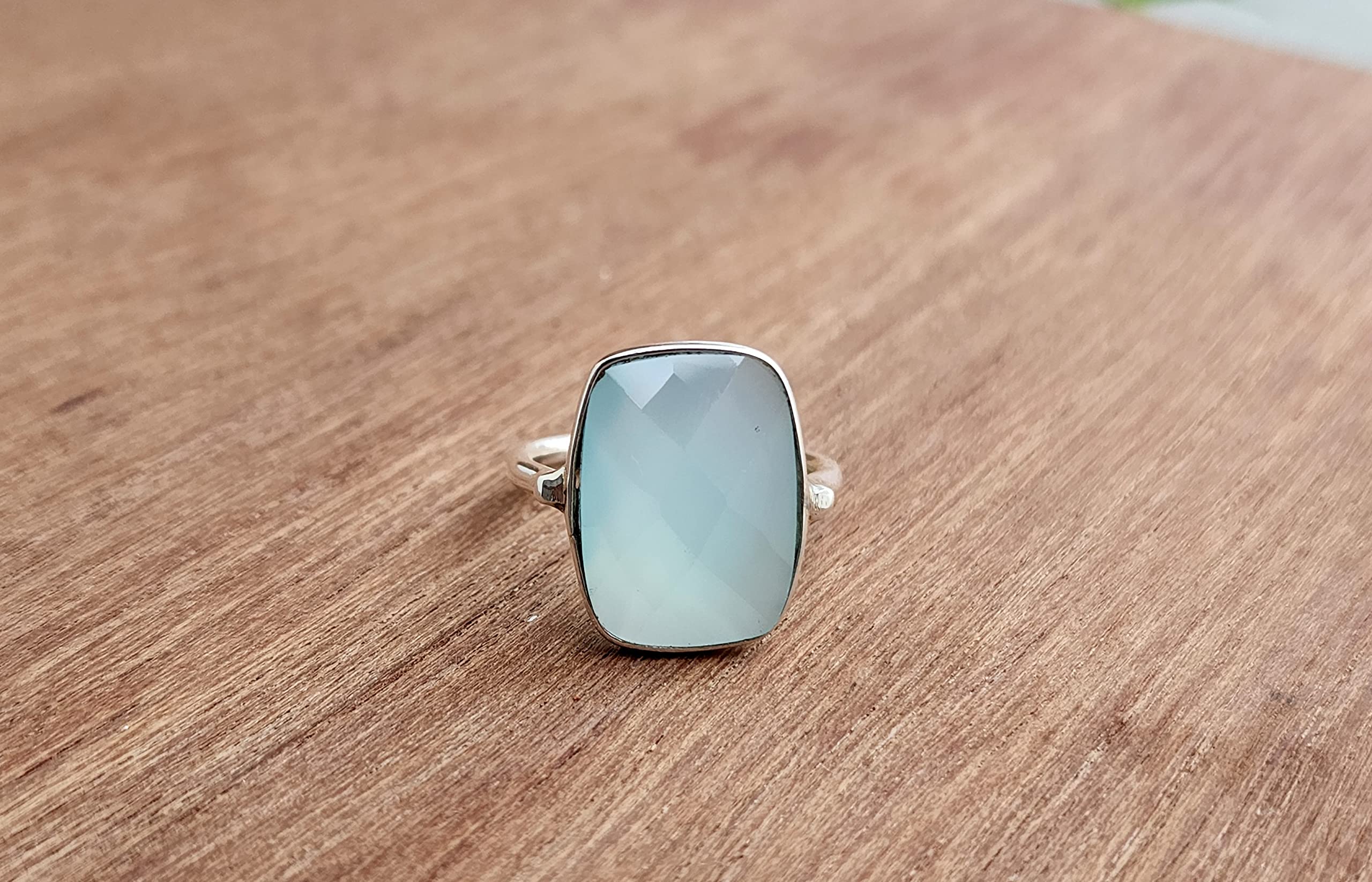 925 Sterling Silver Aqua Chalcedony Statement Ring for Women - Boho Chic Rectangle Gemstone Jewelry - Perfect Summer Gift & Everyday Wear - All US Sizes Available