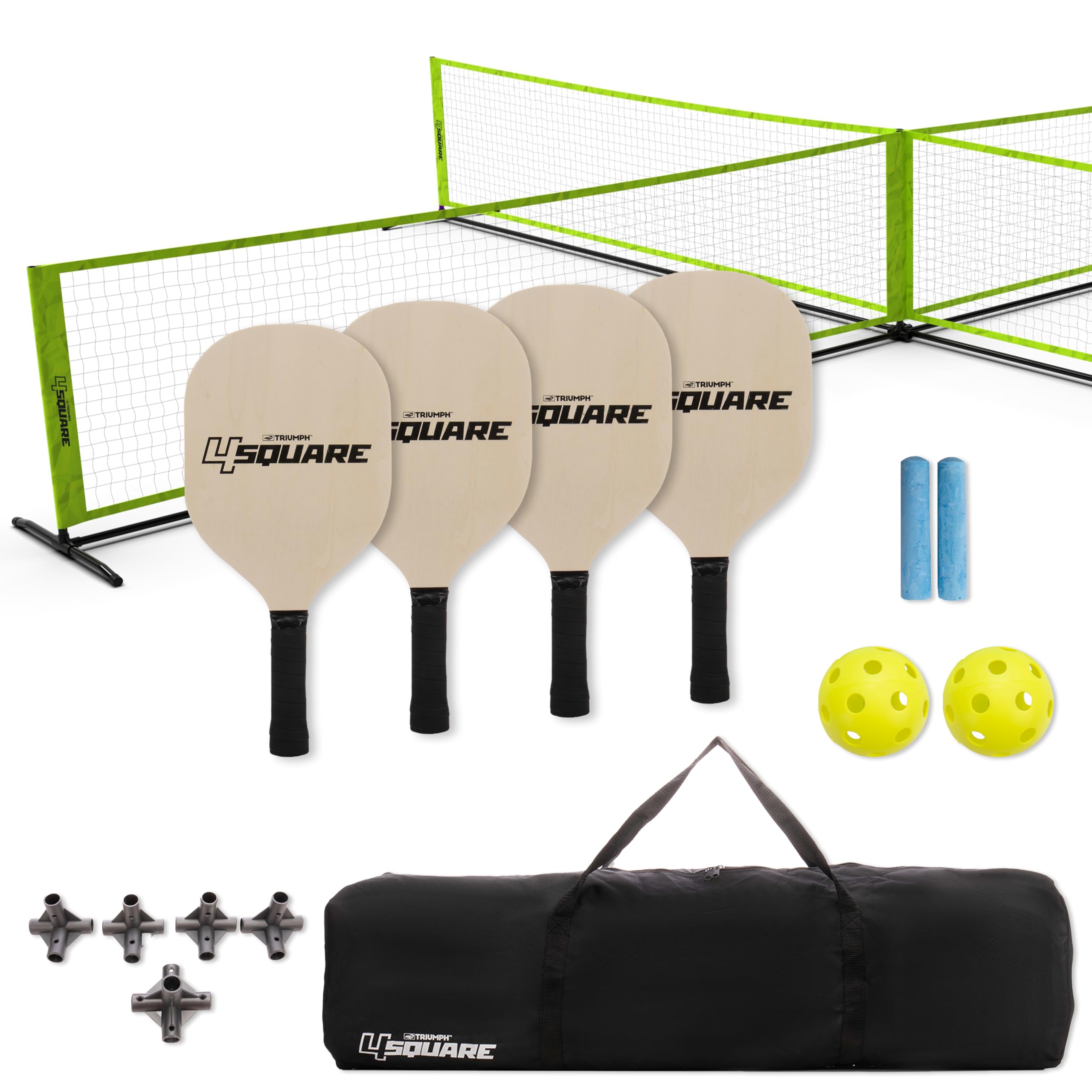 Triumph Sports 4 Square & Pickleball Game Set - Convertible Regulation Net with 4 Wood Paddles, 4 Balls, Boundary Markers & Carry Bag - Perfect for Backyard, Park & Beach Outdoor Games