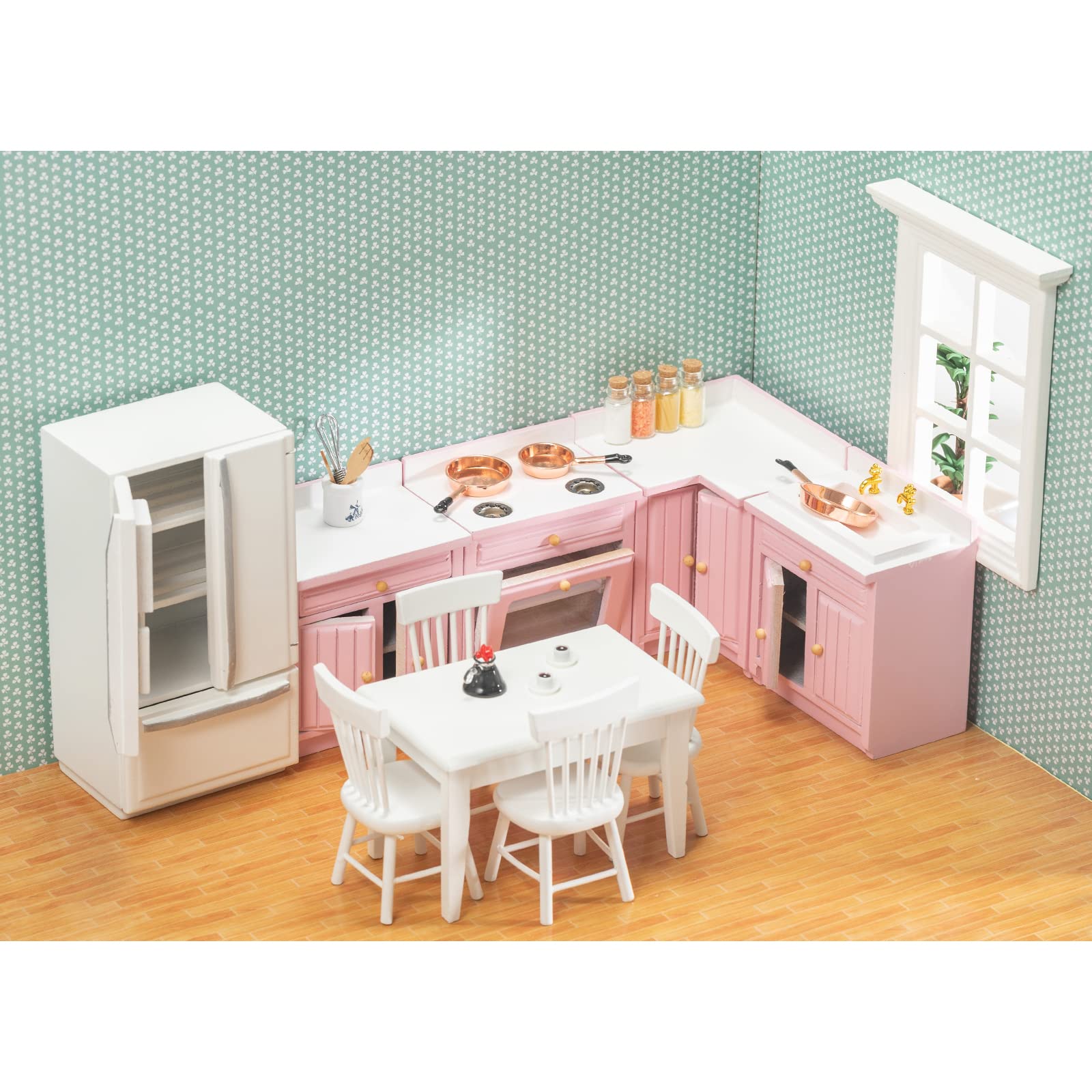 1:12 Scale Pink Wooden Dollhouse Furniture Set - Miniature Kitchen Cabinets, Dining Table, Refrigerator & Accessories for Doll House Toys | Perfect for Kids' Pretend Play, Room Decor & Collectors