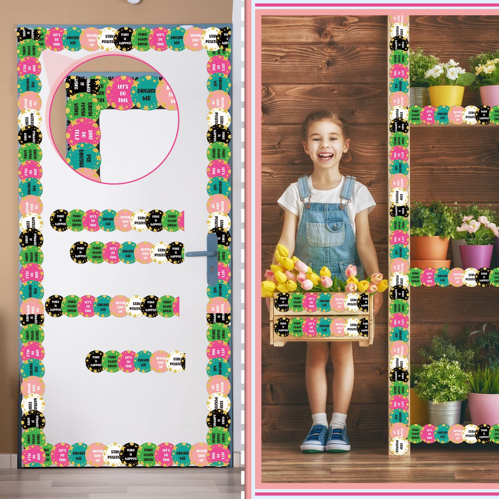 68.9 Feet Confetti Bulletin Board Border with Butterflies, Flowers & Bees - Inspirational Classroom Decor for Walls, Chalkboards & Party Backdrops - Perfect for School, Office & Birthday Party Decorations