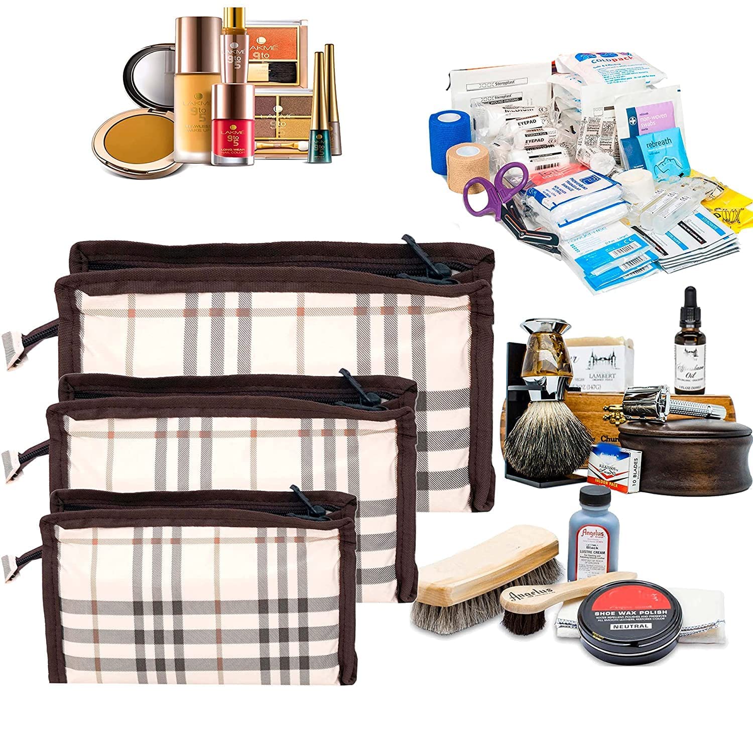 Flywind Synthetic Travel Makeup Organizer Bag - Extra Large Cosmetic Case with 3 Pouch Set (Brown & White) | Perfect for Travel, Home Storage & Grooming Essentials Organization