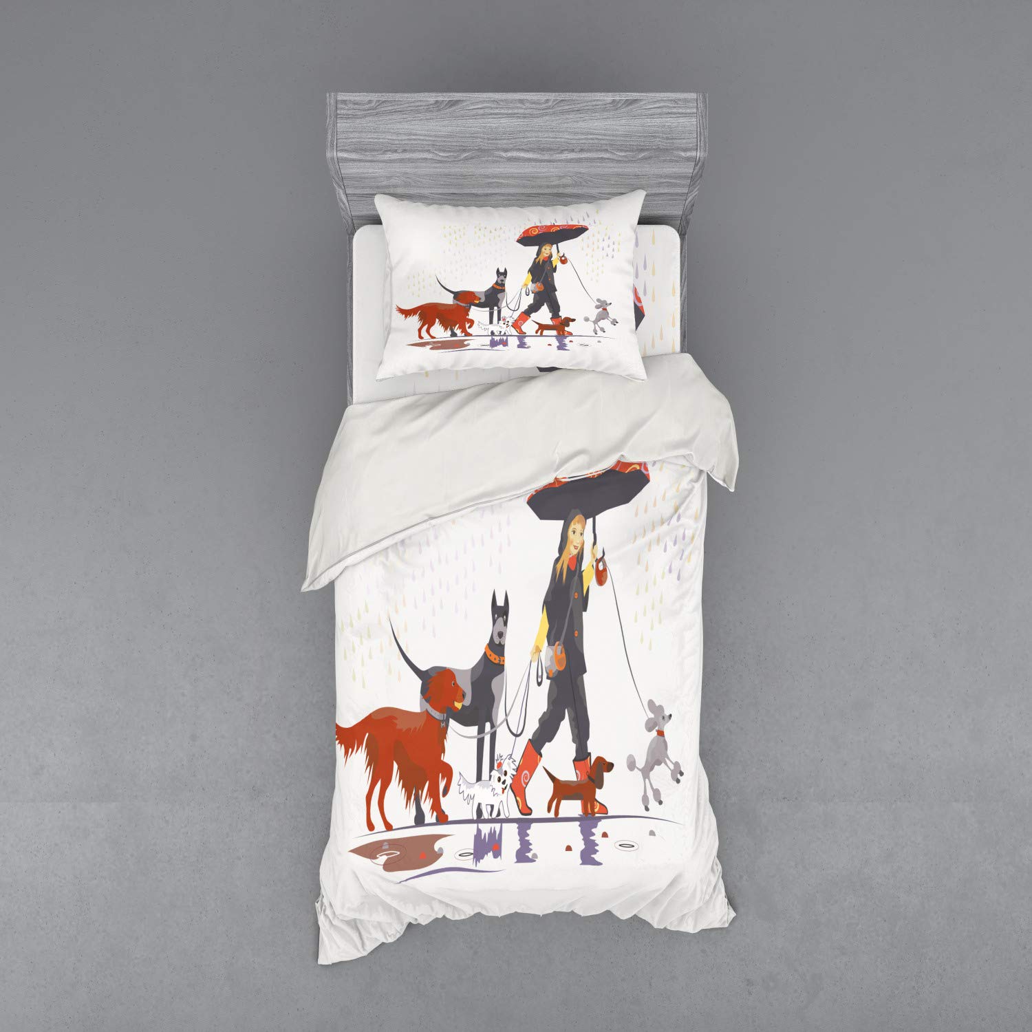 Ambesonne Dog Duvet Cover Set - Modern Girl Walking Dog in Rain Print, 3-Piece Bedding Set with Sham & Fitted Sheet, Twin XL Size, Multicolor - Perfect for Pet Lovers' Bedrooms & Cozy Home Decor
