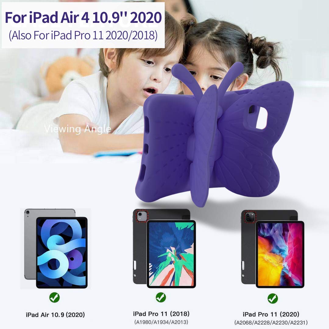 **Kids Shockproof iPad Air 4/5 & iPad Pro 11 (2020/2018) Case - 3D Cute Butterfly Design with Stand, Lightweight EVA Full Cover Drop Protection (Purple) | Perfect for School, Travel & Play**