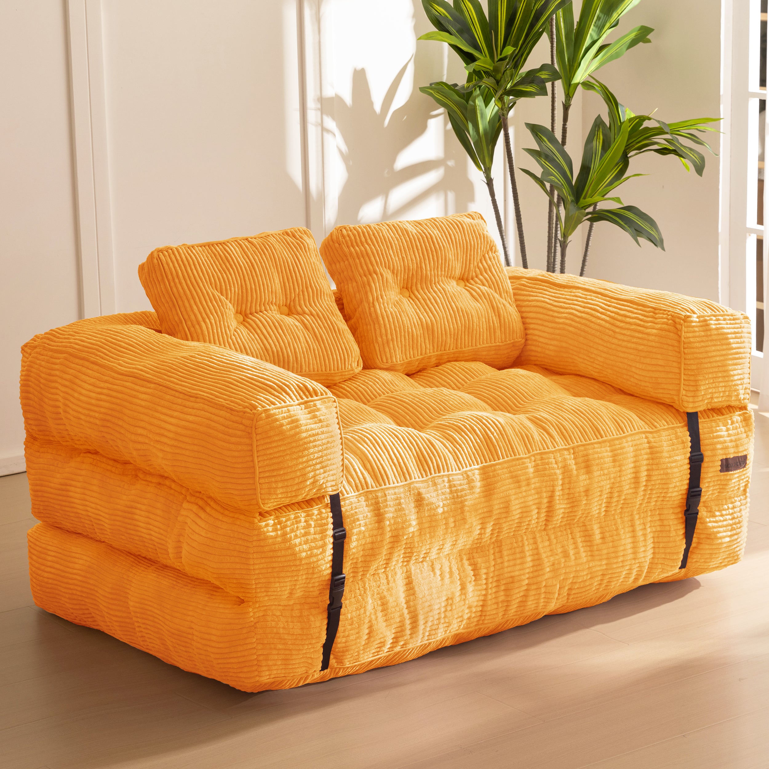 MAXYOYO L-Shaped Folding Sofa Bed - Convertible Sleeper Couch with Armrest & Pillow, Portable Foldable Floor Lounge Chair for Living Room & Bedroom (Double Size, Orange) - Perfect for Small Spaces, Guest Rooms & Studio Apartments