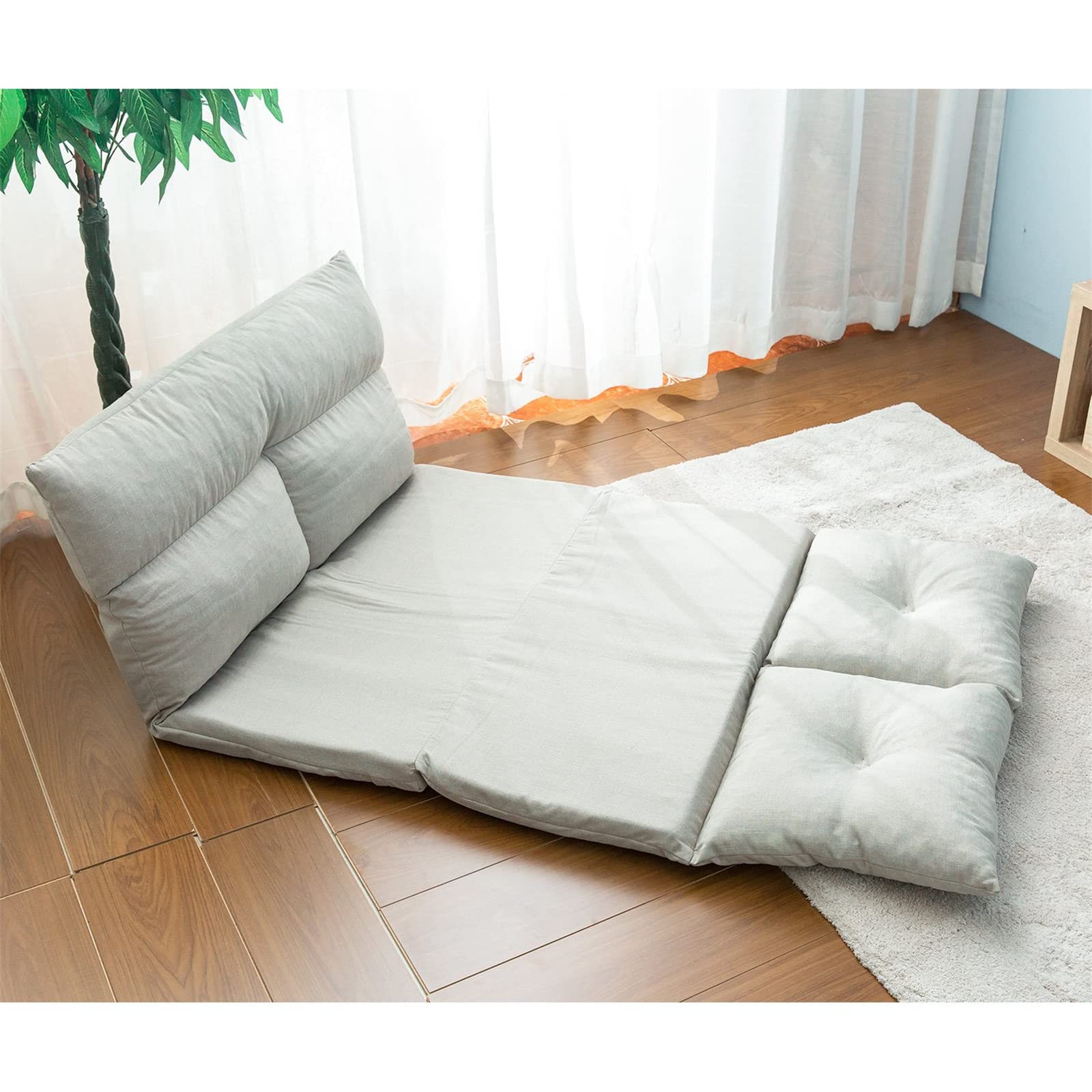 Adjustable Floor Sofa Bed - Foldable Linen Fabric Chaise Lounge Sleeper for Living Room, Bedroom & Balcony - Light Grey - Perfect for Small Spaces, Guest Sleeping & Relaxing
