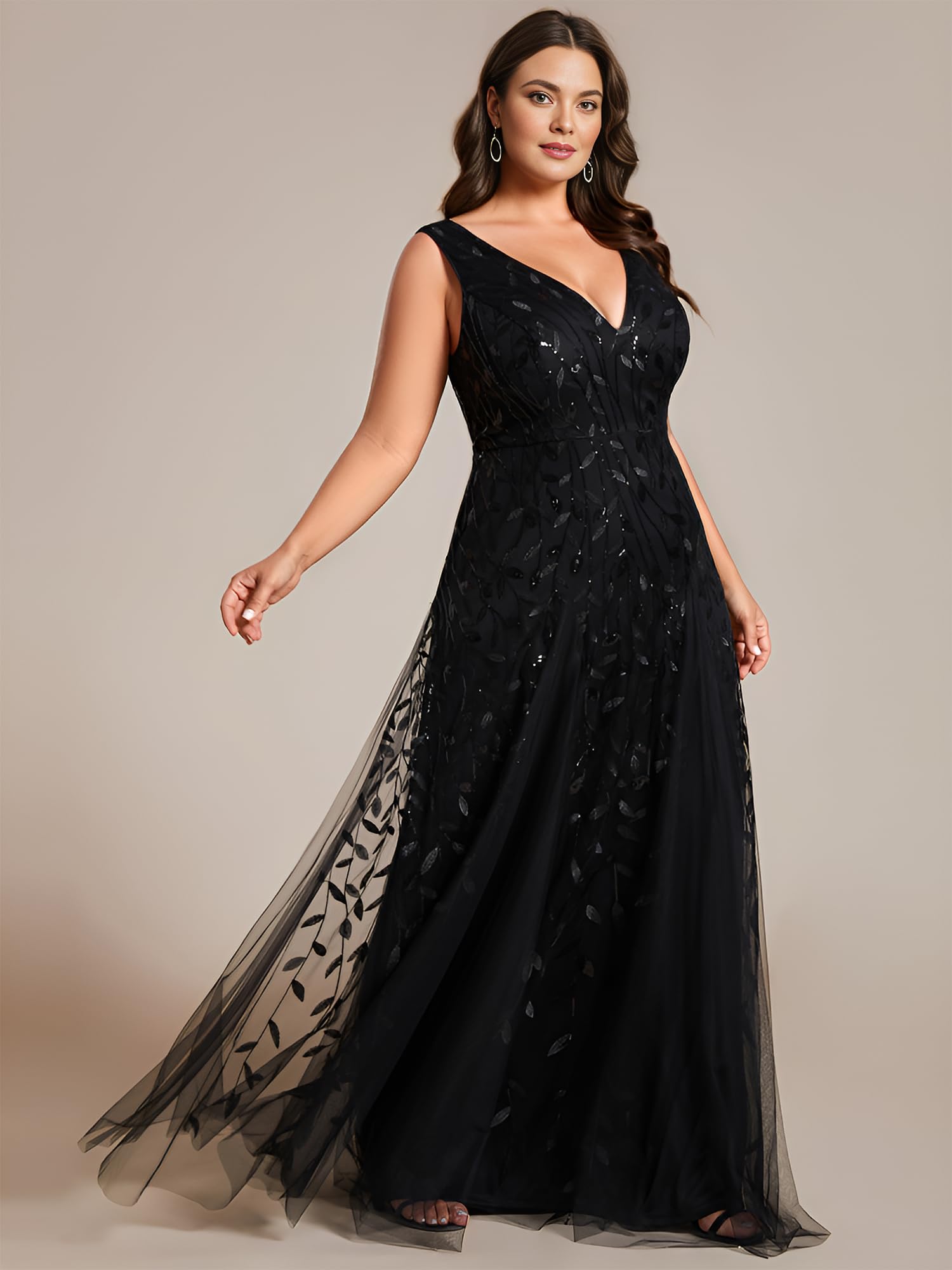 Ever-Pretty Women's Plus Size V-Neck A-Line Sleeveless Sequin Embroidered Formal Dress for Prom, Evening Gala & Special Occasions
