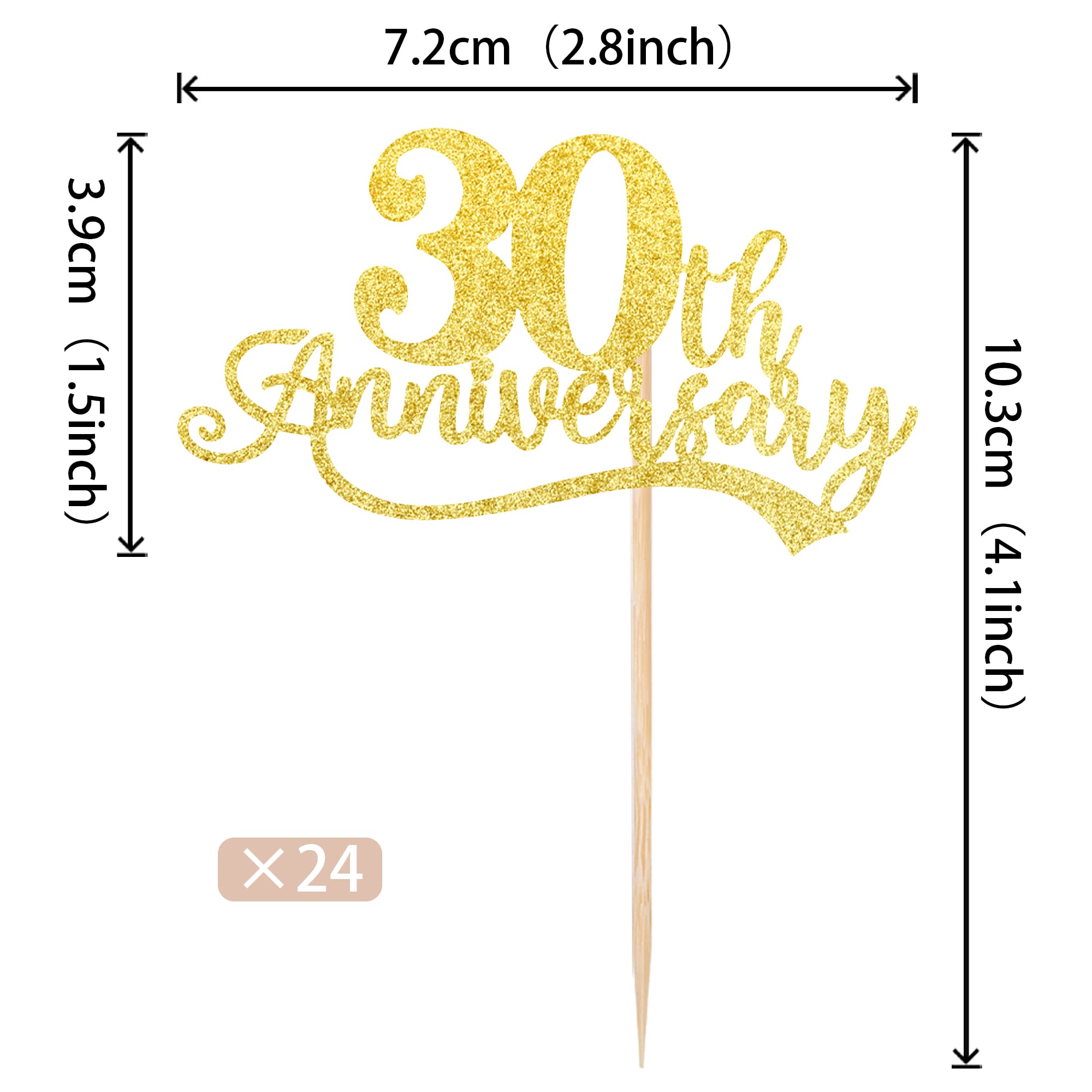 24 Pack Gold Glitter Cupcake Toppers - Cheers to 30 Years Wedding Anniversary & Birthday Party Decorations - Cake Picks for 30th Birthday, Retirement Party Supplies - Perfect for Wedding, Anniversary & Birthday Celebrations