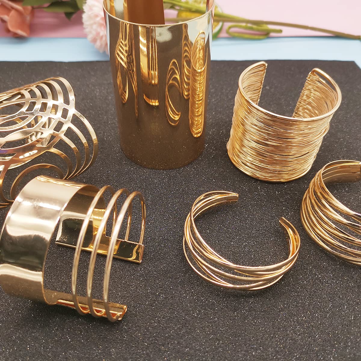 WAINIS 6 PCS Gold Open Cuff Bangle Bracelets for Women - Adjustable Wire Wrap Wrist Cuff Bracelet Set - Perfect for Parties, Weddings & Everyday Fashion Accessories