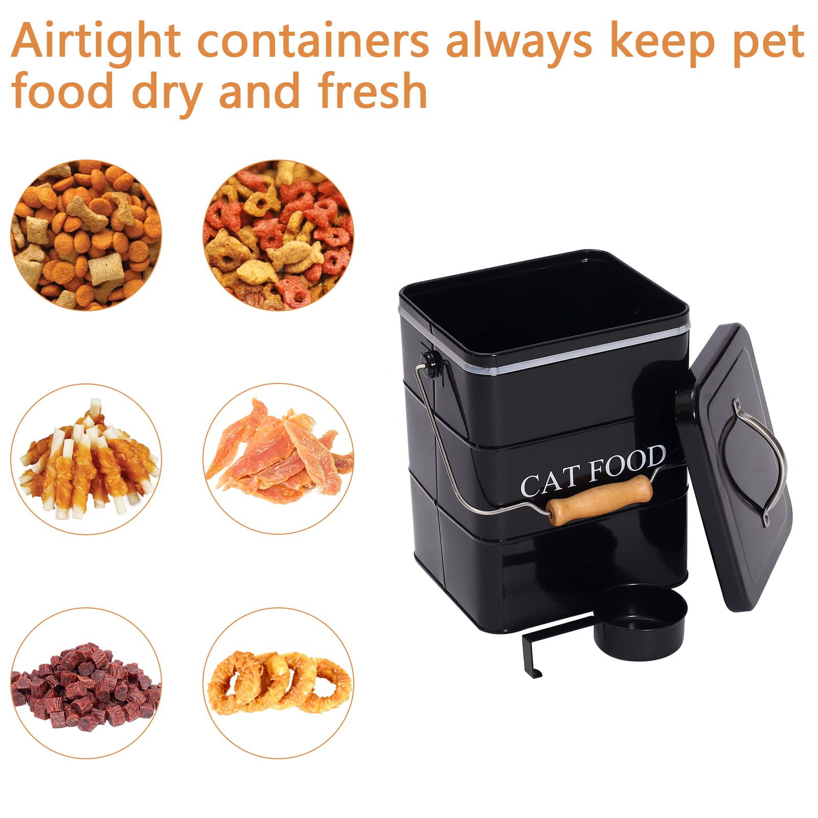 Premium Cat Treats & Food Storage Tin with Lid & Spoon - Airtight Pet Food Container for Freshness - Medium Size, Black - Perfect for Travel, Home & Kitchen Use