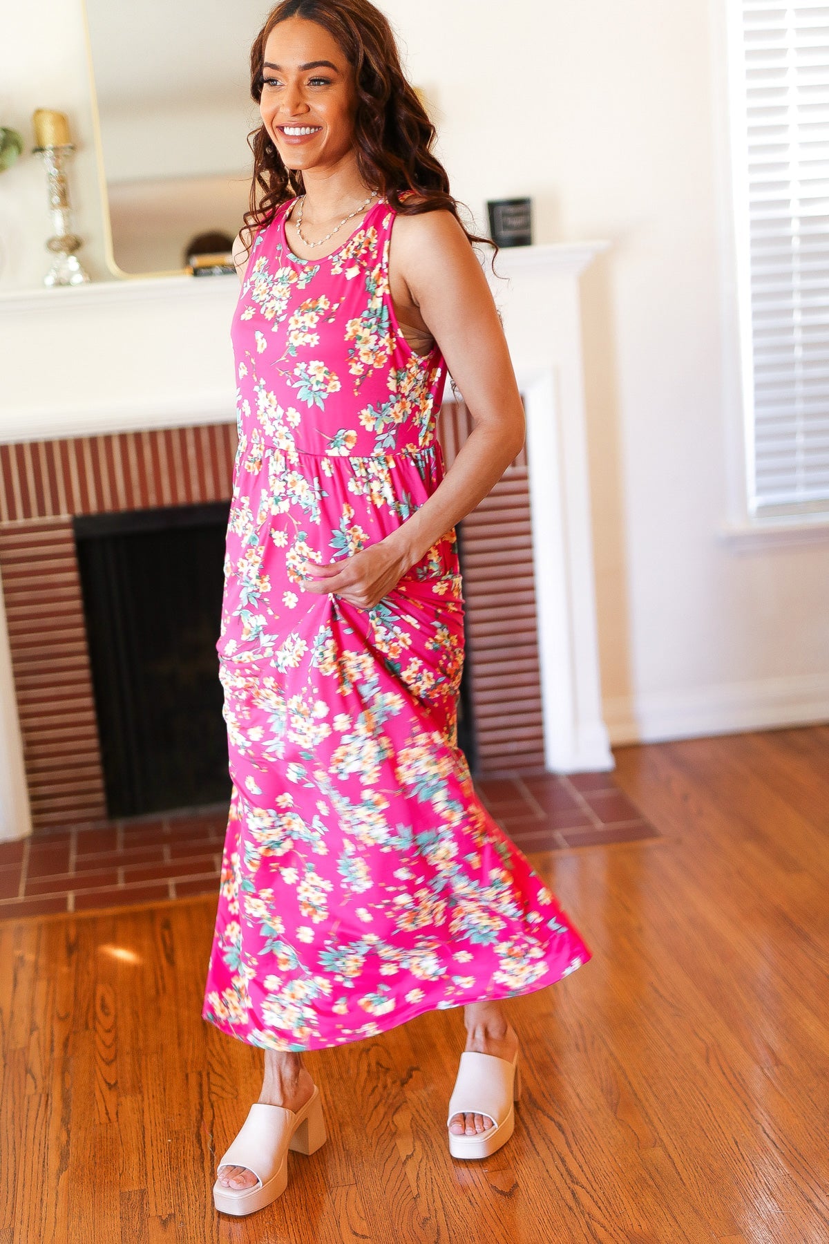 Elegant Pink Floral Print Fit and Flare Sleeveless Maxi Dress for Women | Summer Beach Wedding Party Dress | Perfect for Vacations, Date Nights & Special Occasions